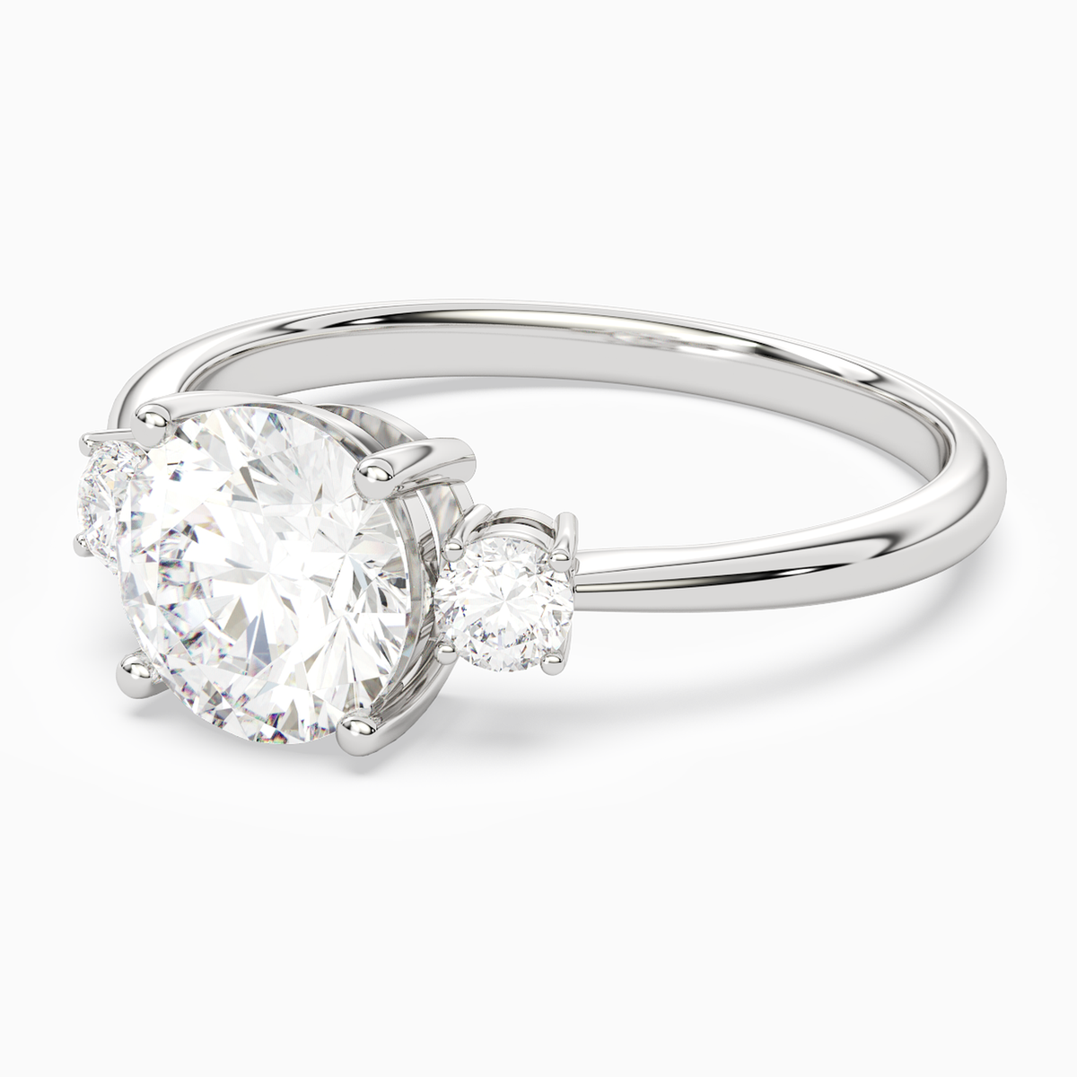 Round Classic Round Three Stone Small Sides in 14K White Gold top angle