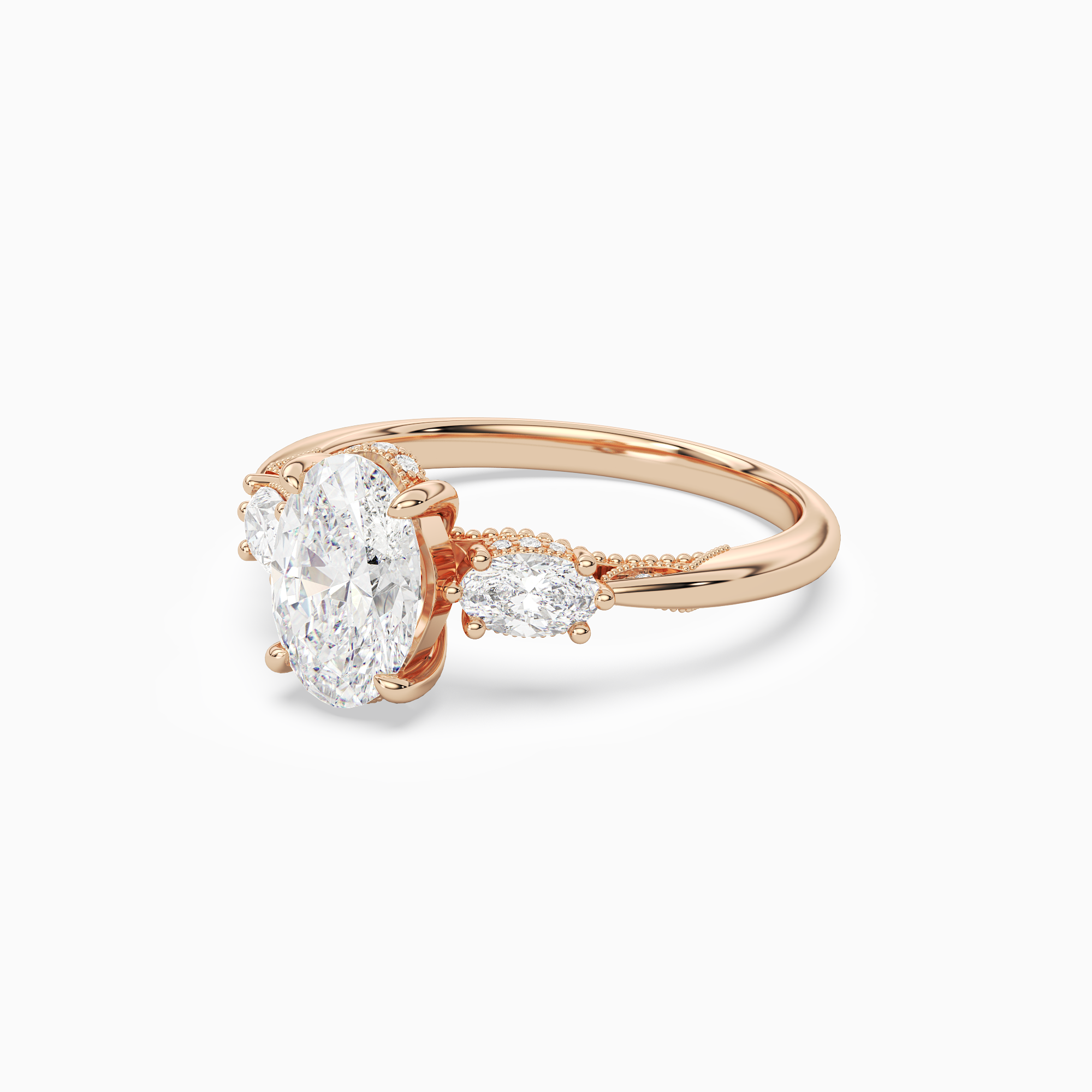 Oval Ornate Accented Three Stone in 14K Rose Gold top angle