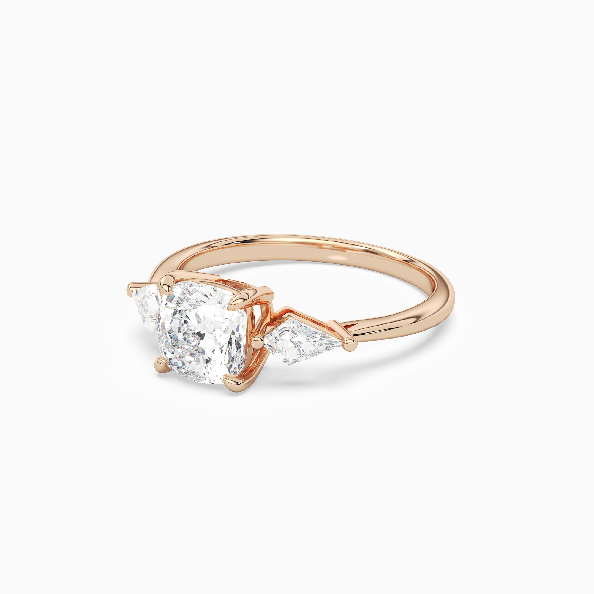 Cushion Kite Side Three Stone Large Sides in 14K Rose Gold top angle