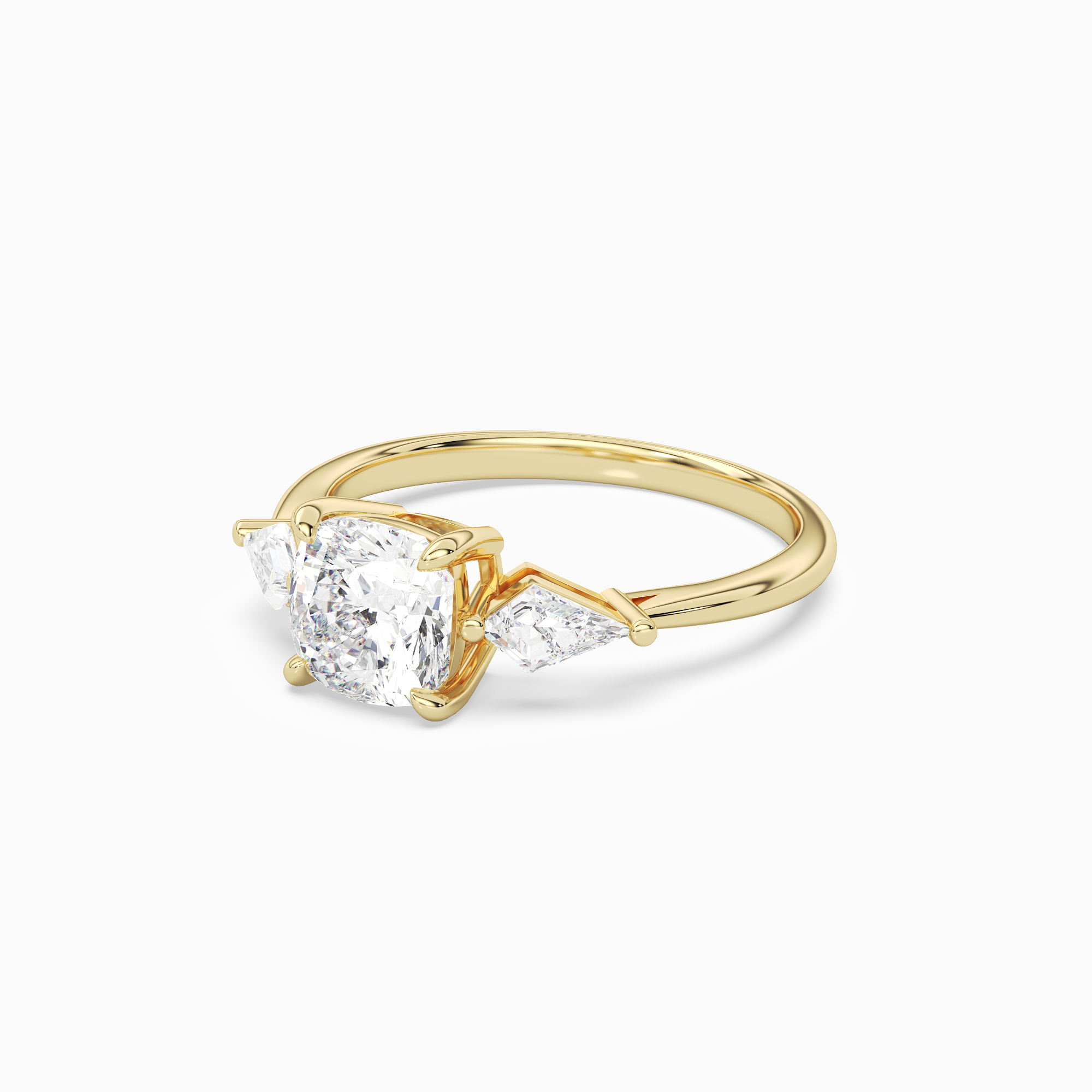 Cushion Kite Side Three Stone Large Sides in 18K Yellow Gold top angle