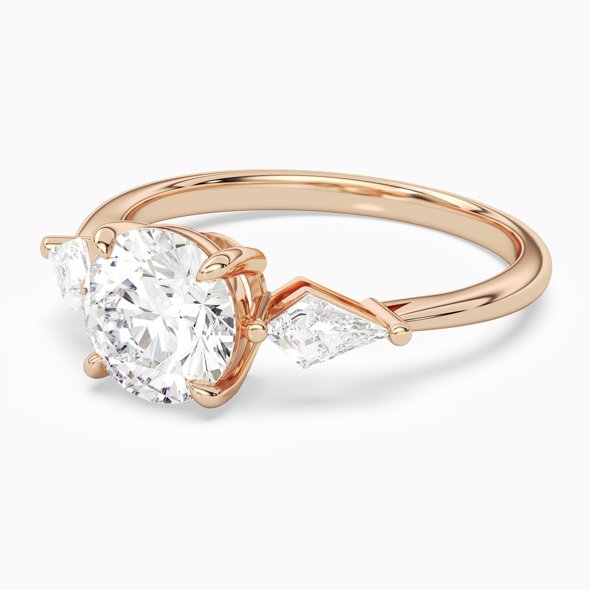 Round Kite Side Three Stone Large Sides in 14K Rose Gold top angle