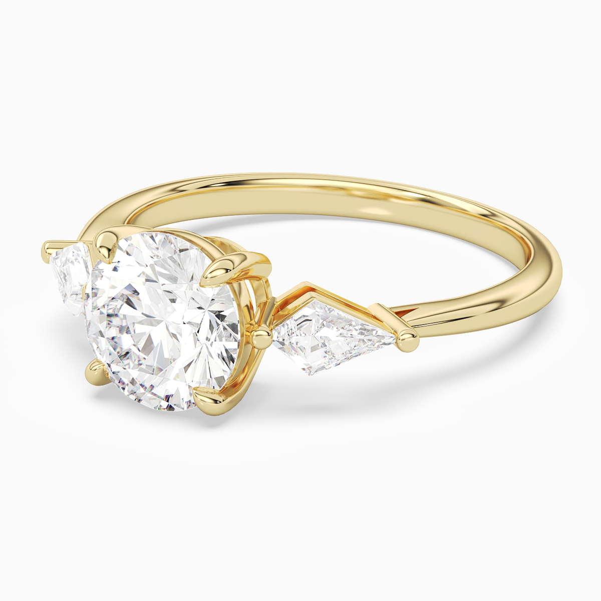 Round Kite Side Three Stone Large Sides in 14K Yellow Gold top angle
