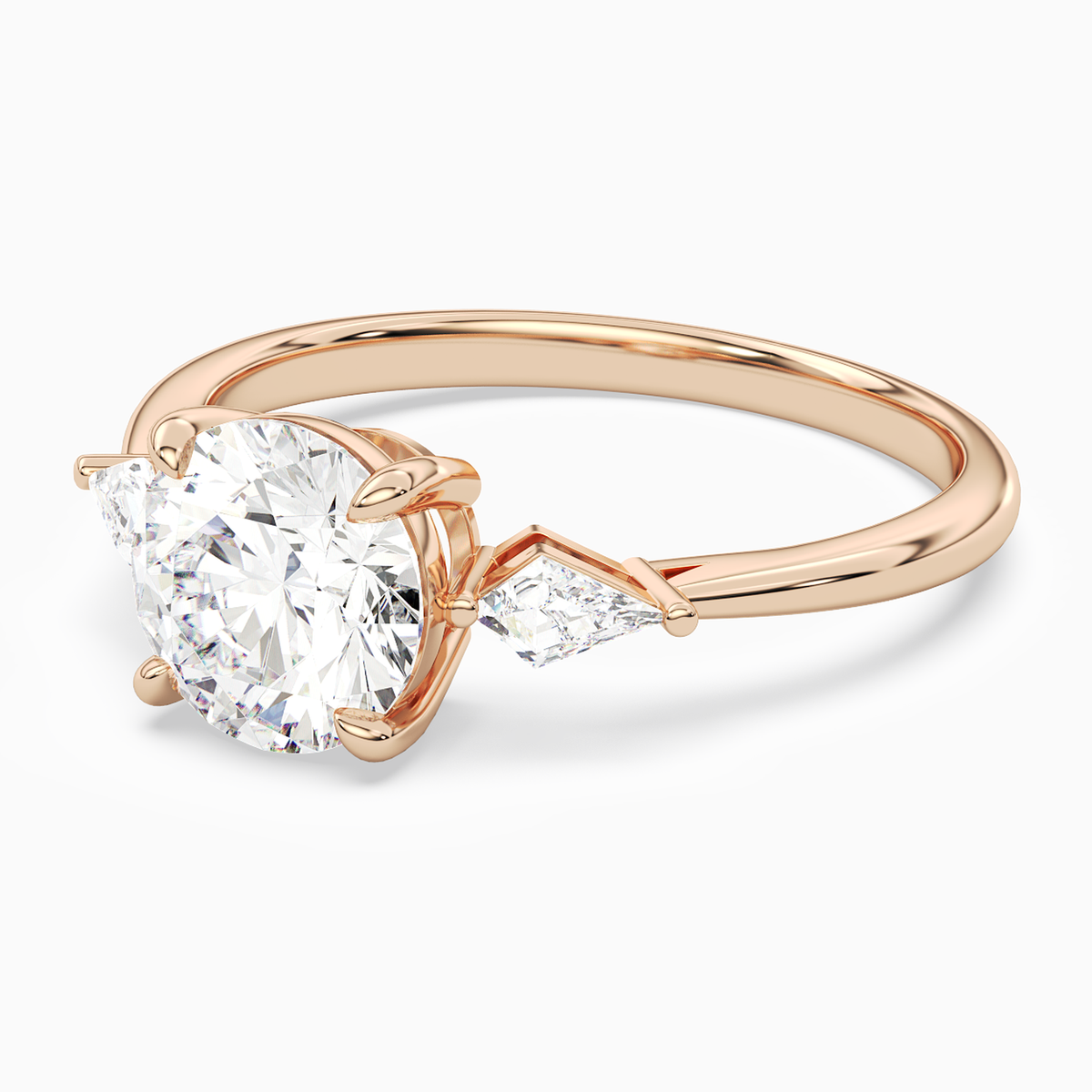 Round Kite Side Three Stone Small Sides in 14K Rose Gold top angle