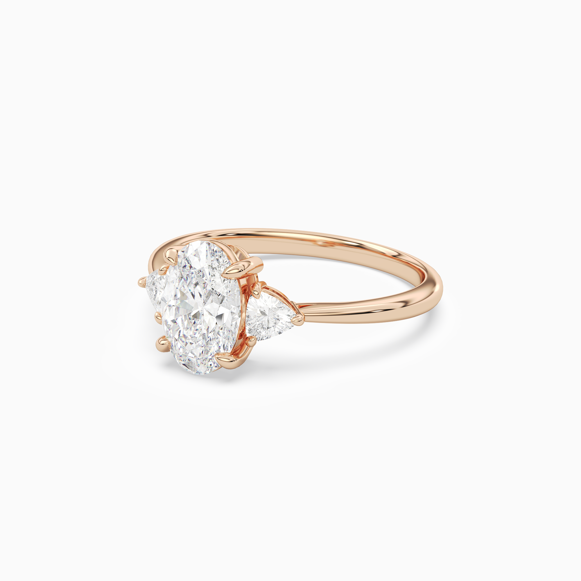 Oval Trillion Three Stone Large Sides in 14K Rose Gold top angle