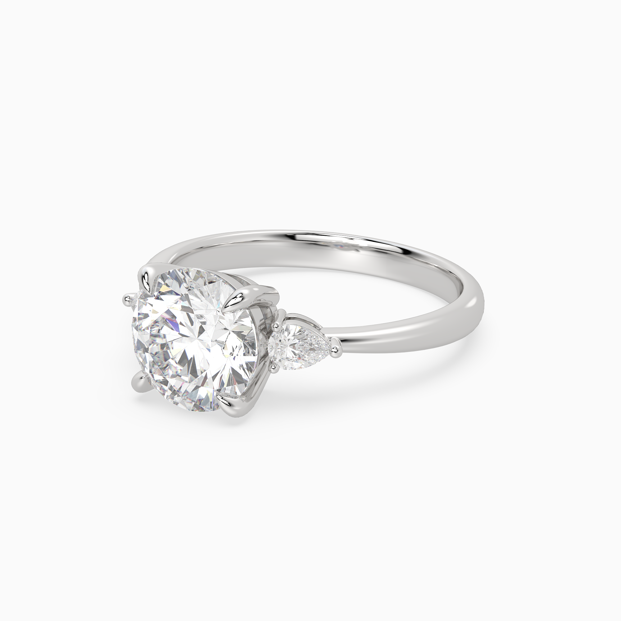 Round Pear Side Three Stone Classic in 14K White Gold top angle