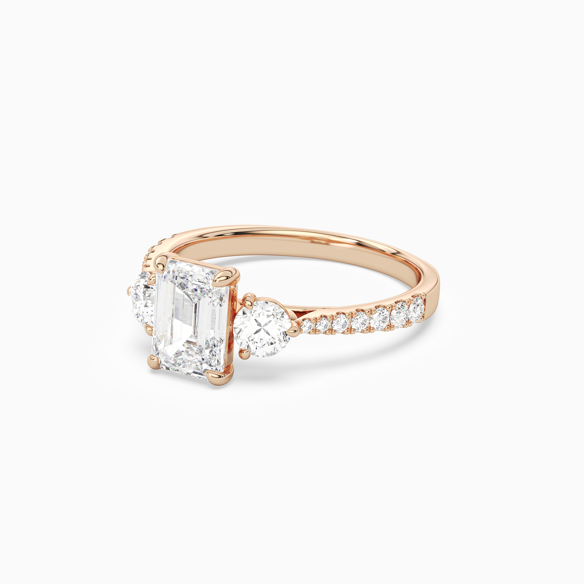 Emerald Round Side Three Stone Pavé in 14K Rose Gold top angle