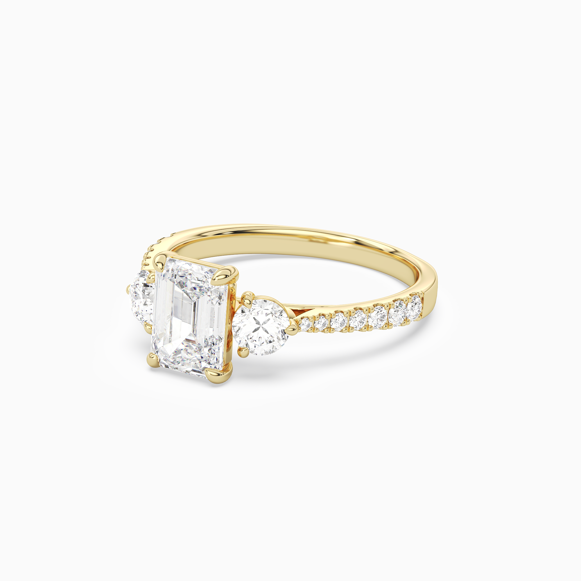 Emerald Round Side Three Stone Pavé in 14K Yellow Gold top angle