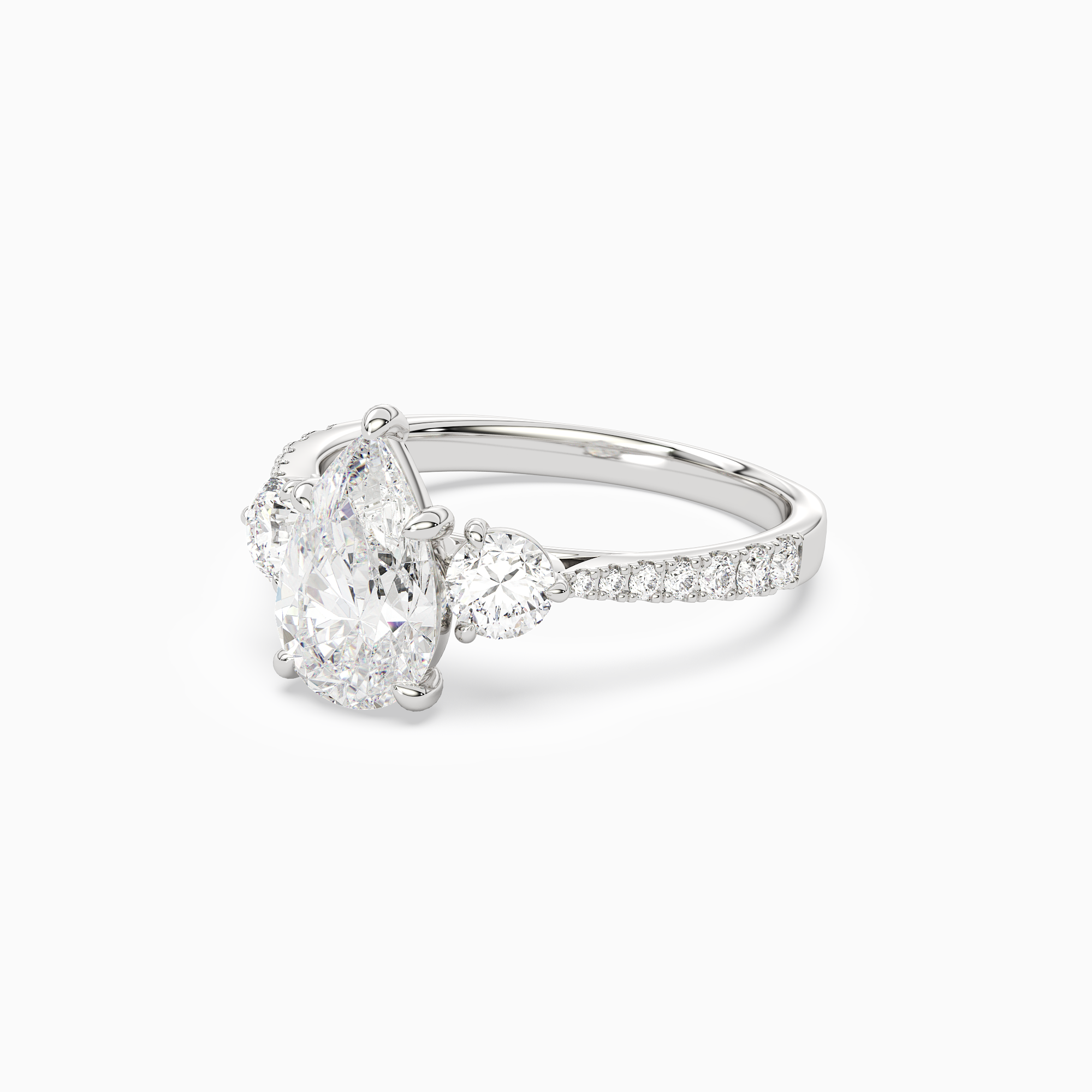 Pear Round Side Three Stone Pavé in 14K White Gold top angle