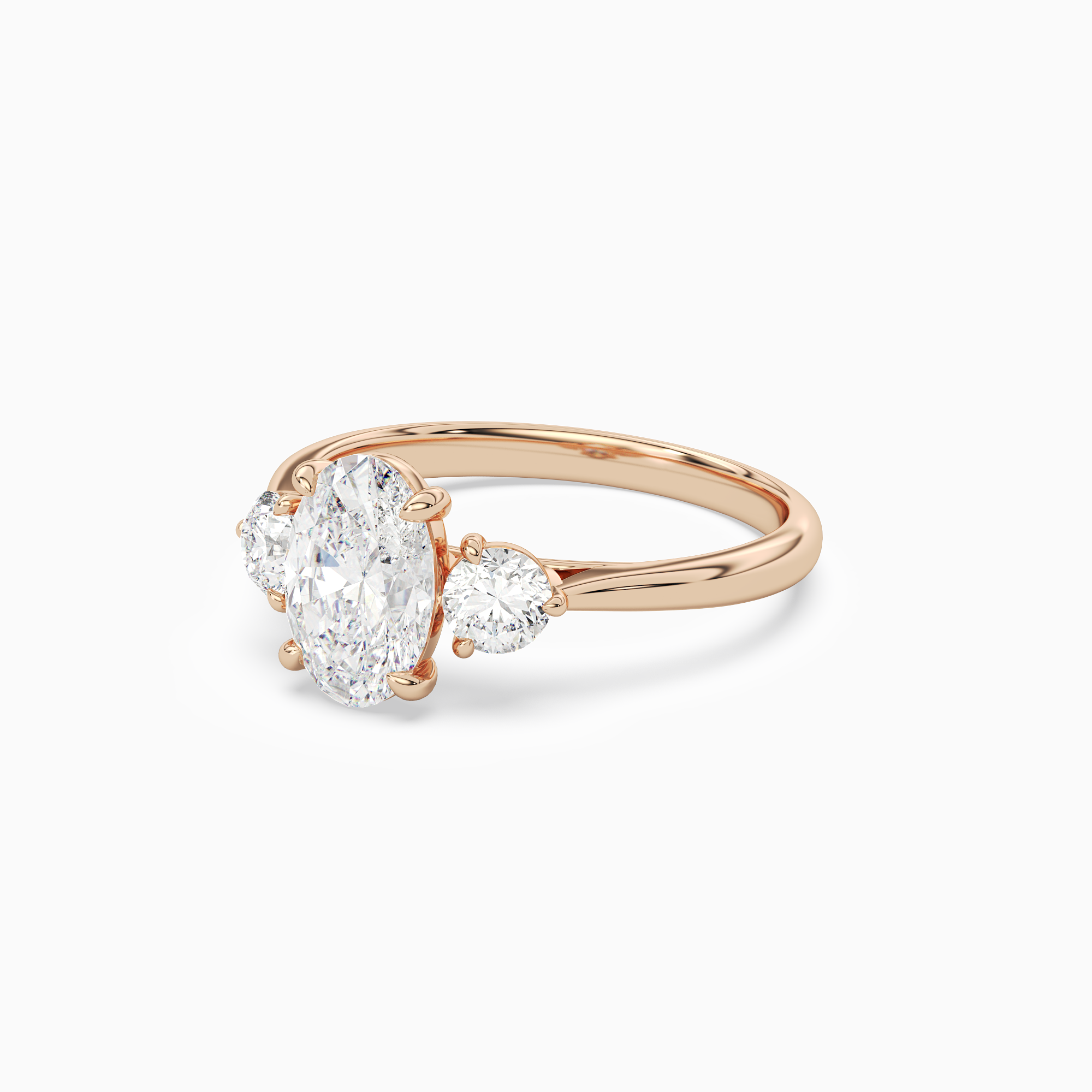 Oval Round Side Three Stone Plain in 14K Rose Gold top angle