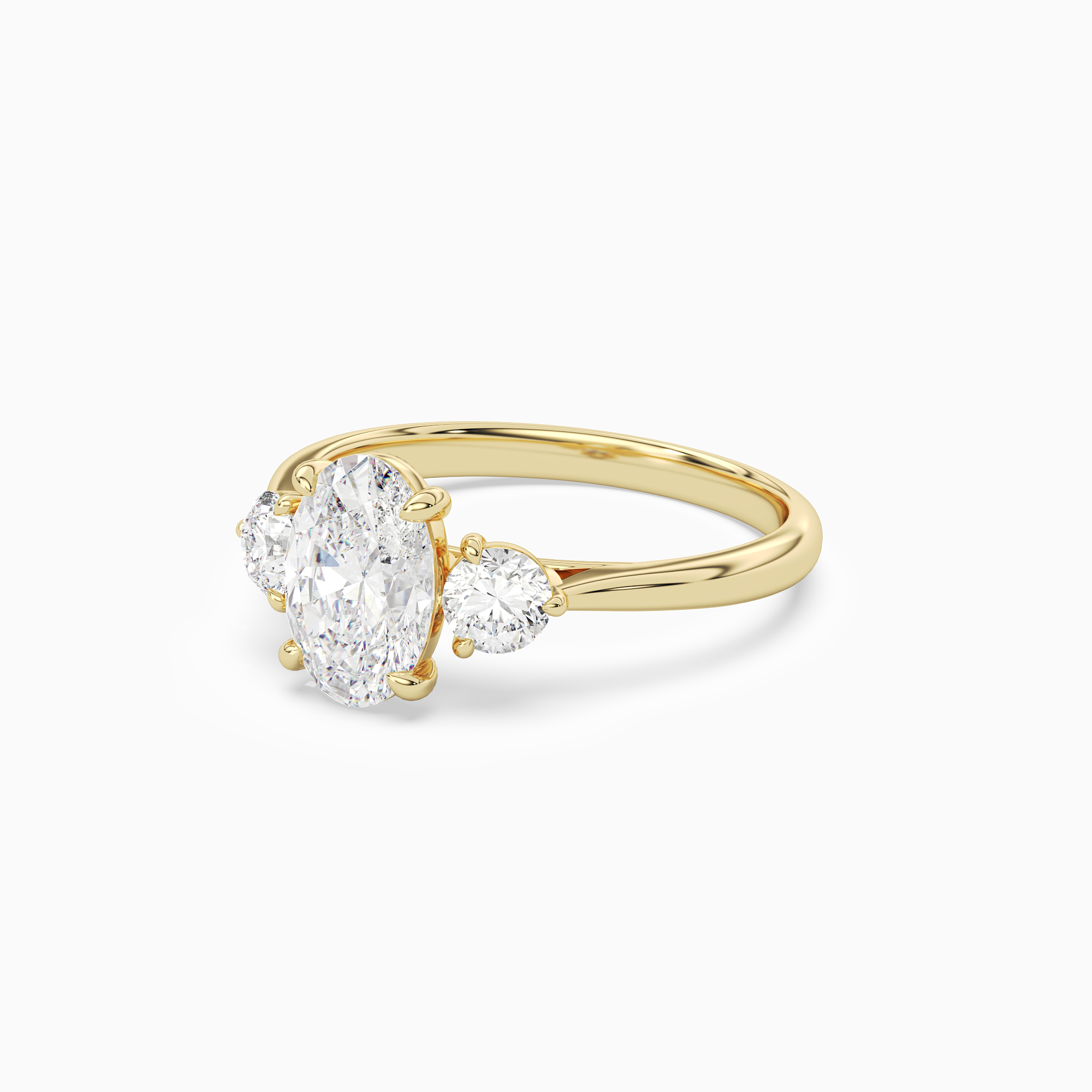 Oval Round Side Three Stone Plain in 18K Yellow Gold top angle