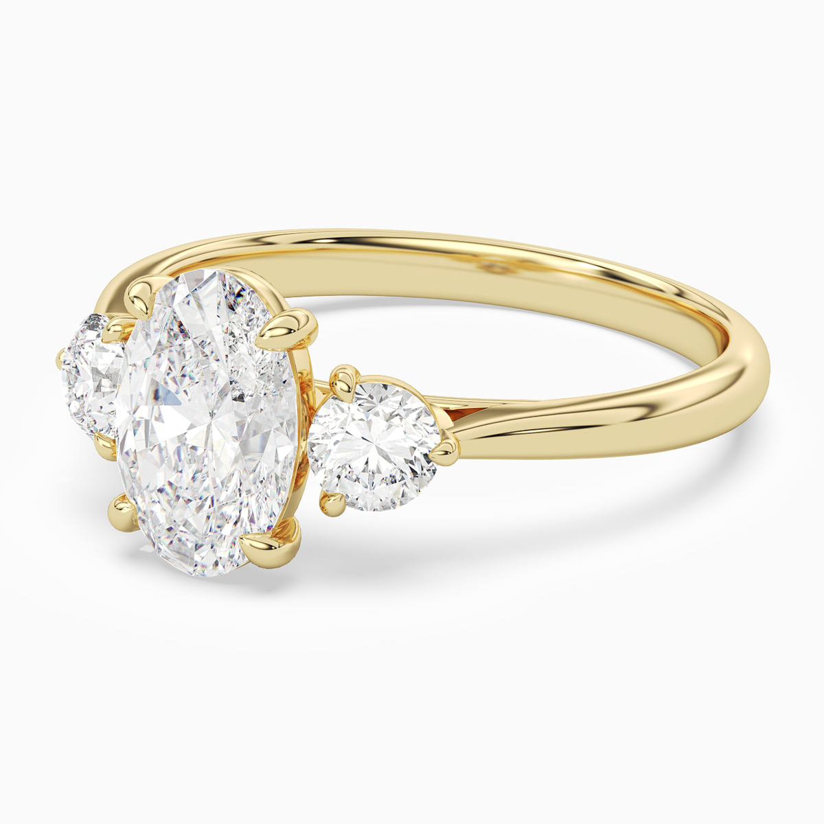 Oval Round Side Three Stone Plain in 18K Yellow Gold top angle