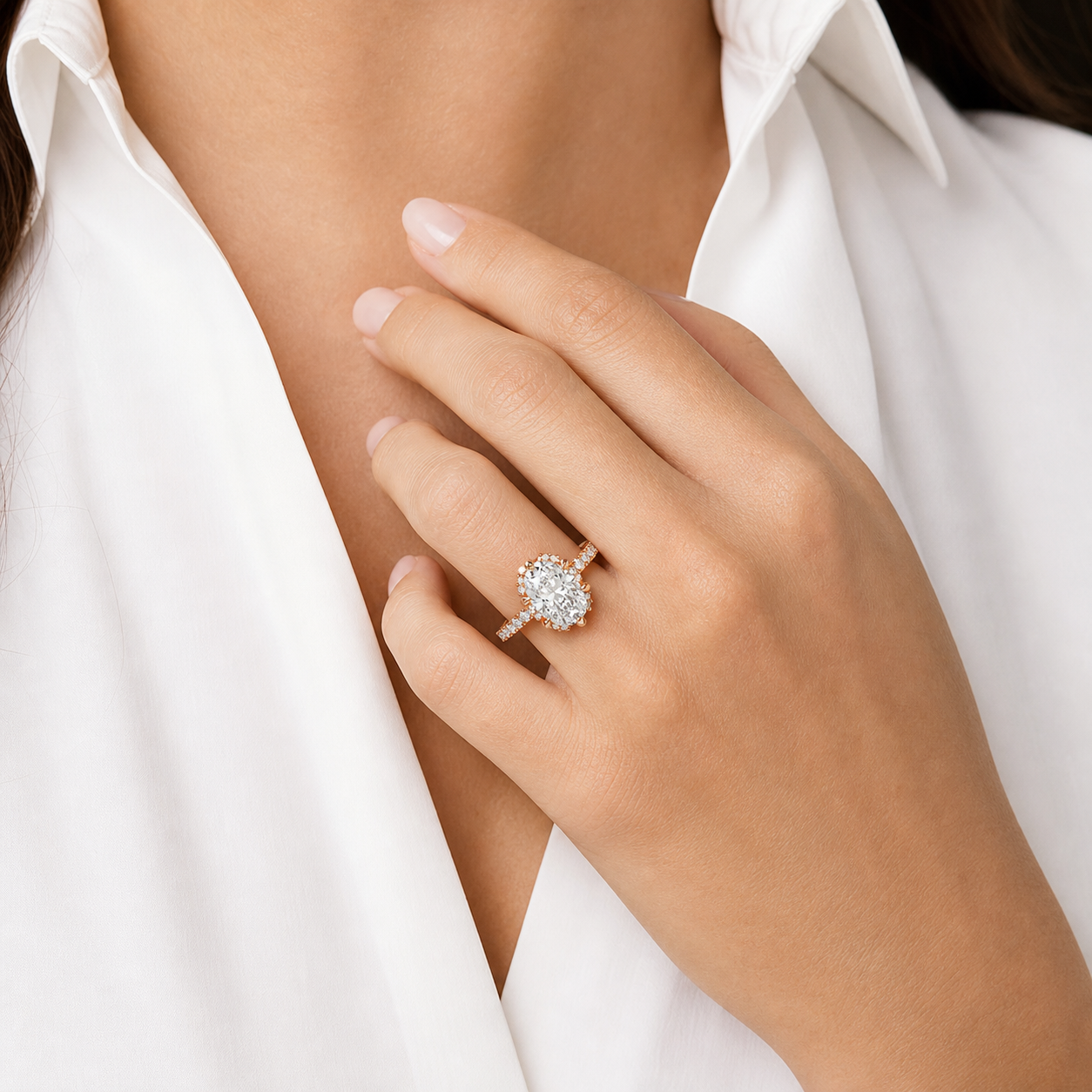 Oval Crown Halo Pavé in 18K Yellow Gold wearing