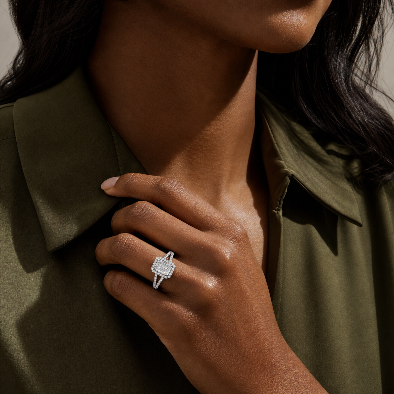 Emerald Twisted Shank Halo in Platinum wearing
