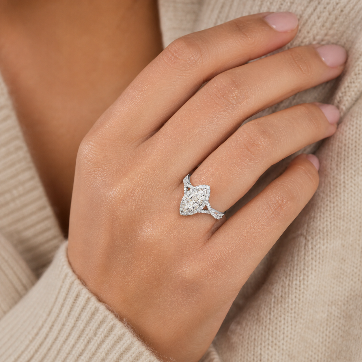 Marquise Twisted Shank Halo in 14K White Gold wearing