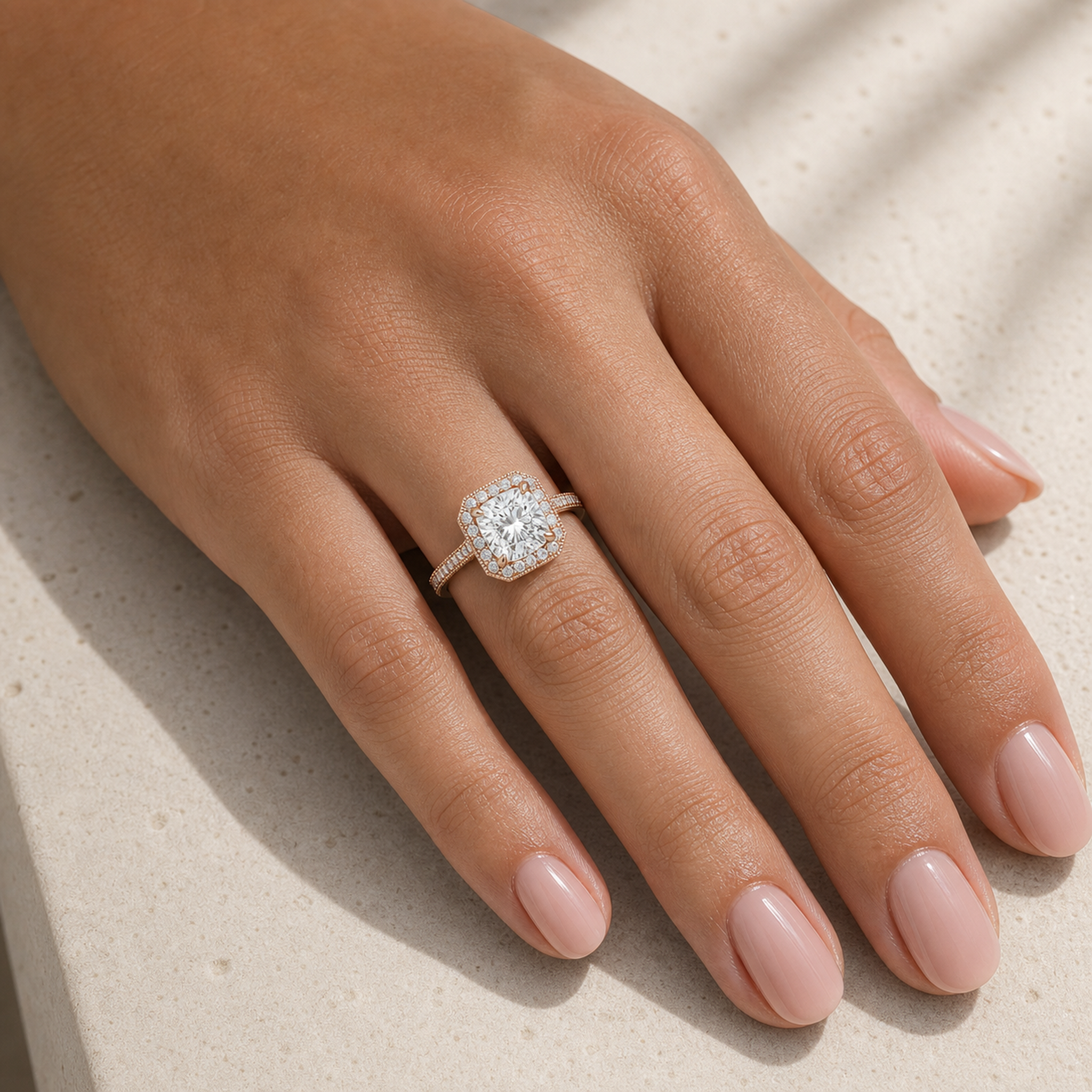 Cushion Octagon Halo in 14K Rose Gold wearing