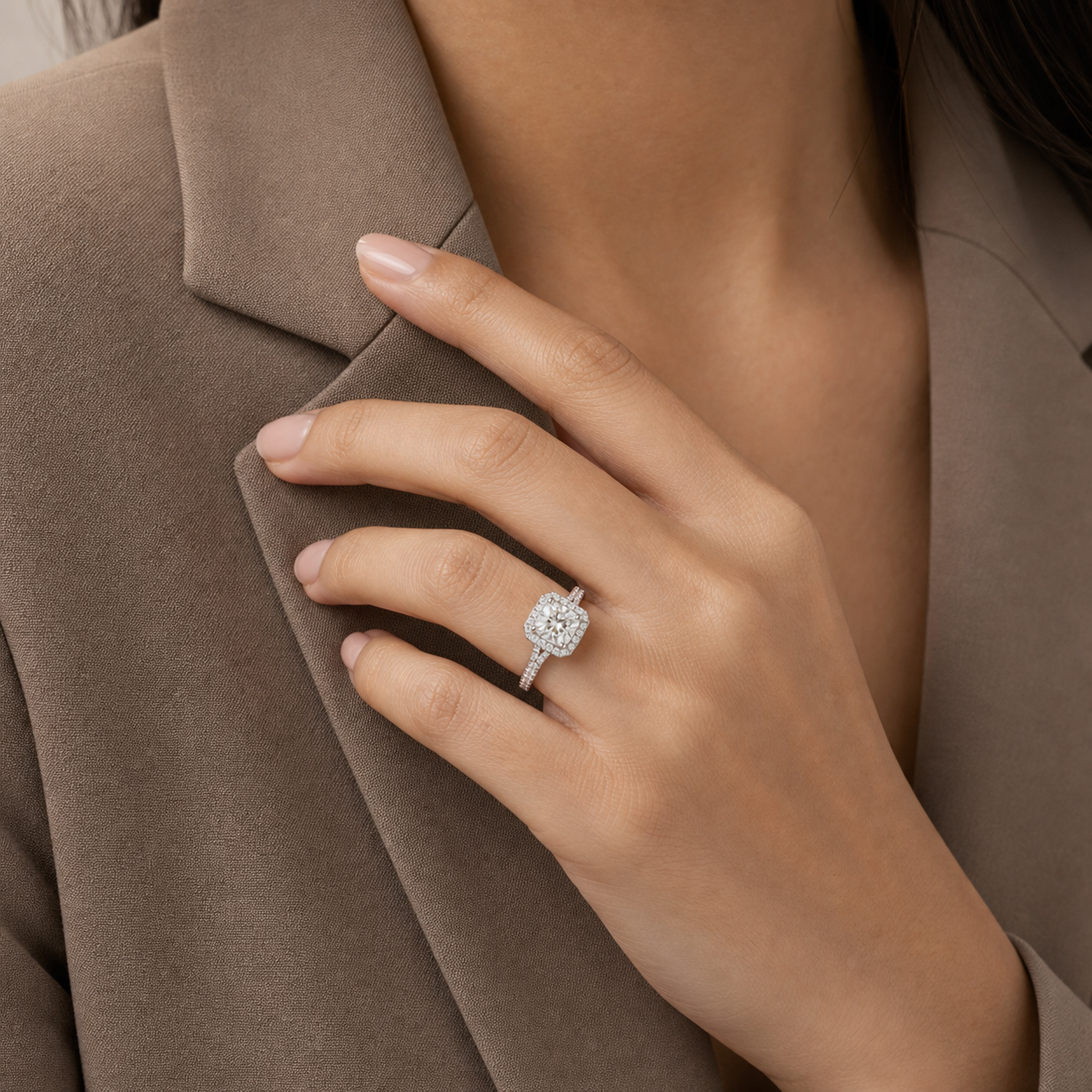 Cushion Octagon Halo in 14K White Gold wearing