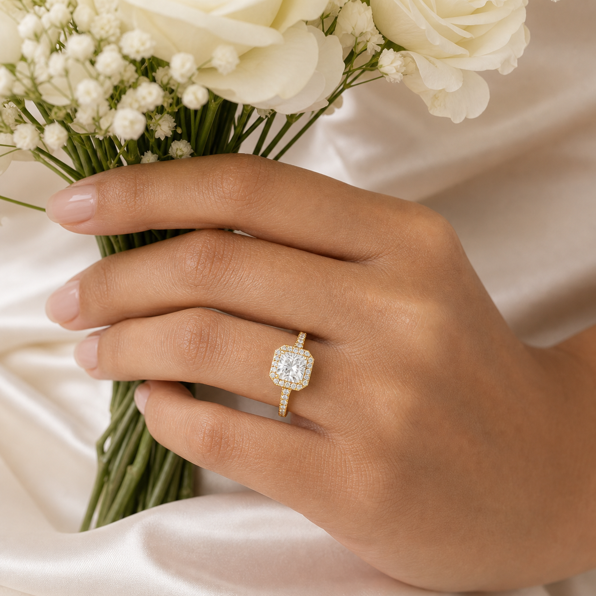 Cushion Octagon Halo in 18K Yellow Gold wearing