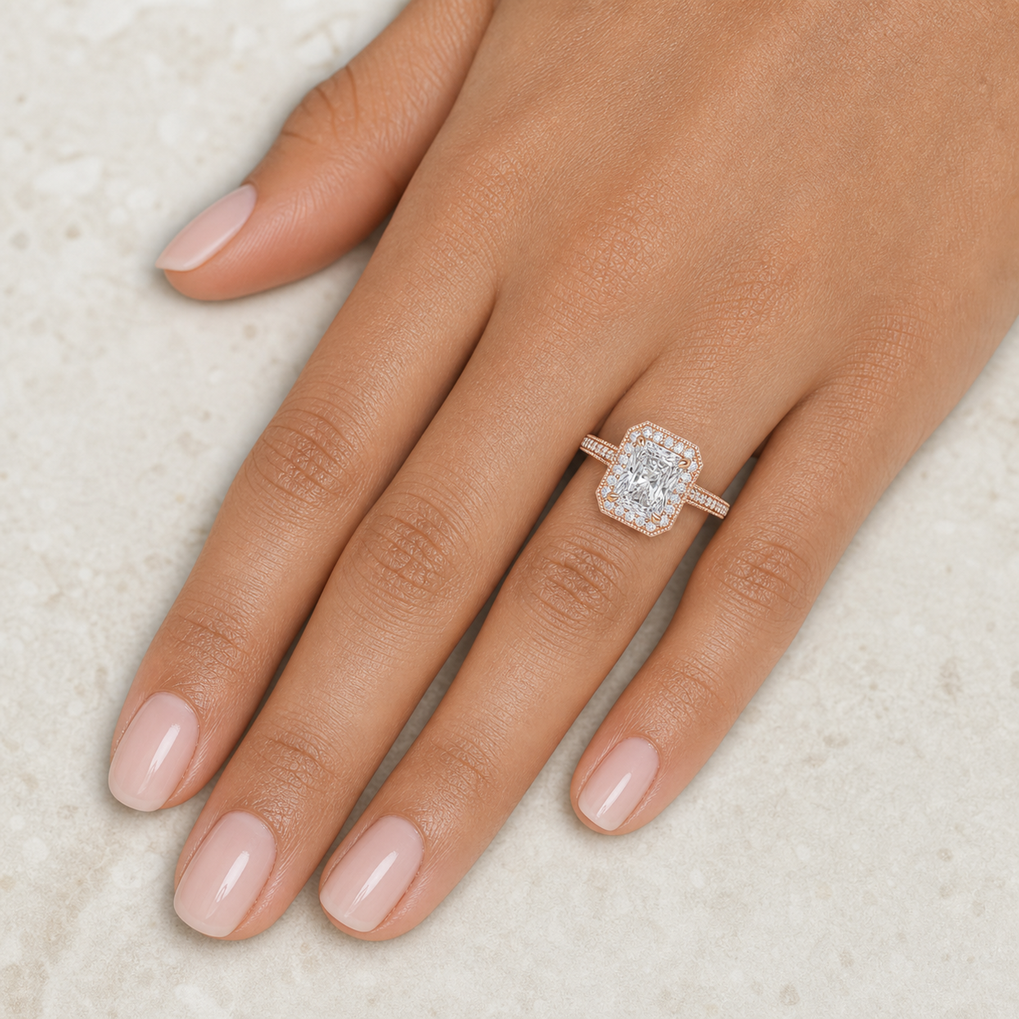 Radiant Octagon Halo in 14K Rose Gold wearing