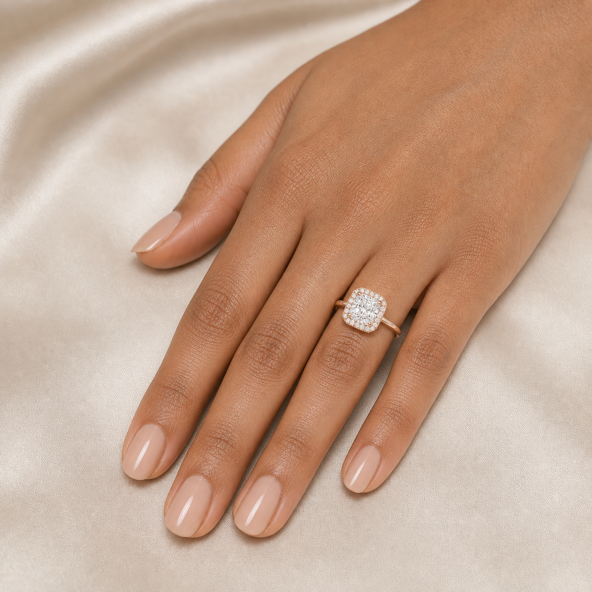 Cushion Scalloped Halo Baseline in 14K Rose Gold wearing