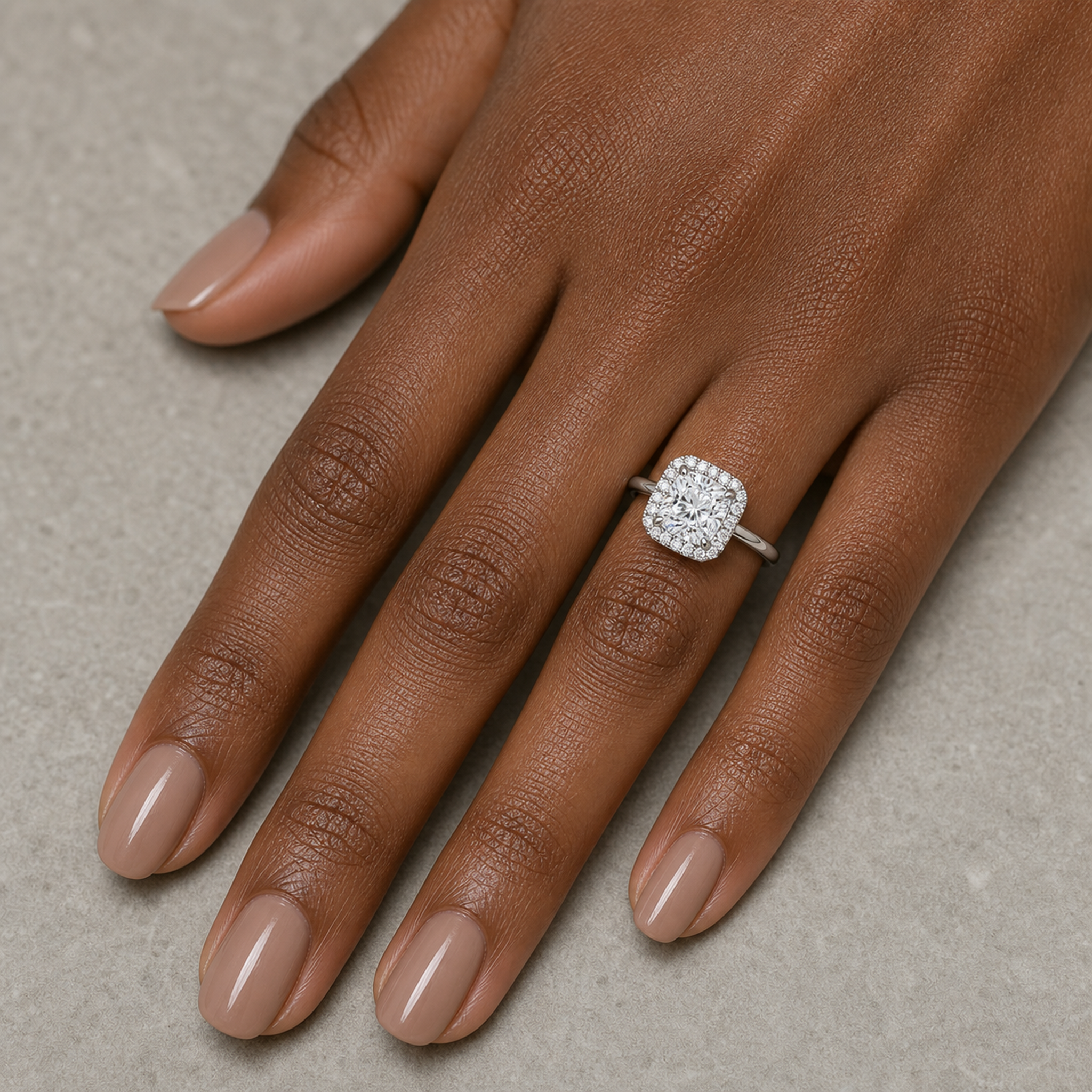 Cushion Scalloped Halo Baseline in 14K White Gold wearing
