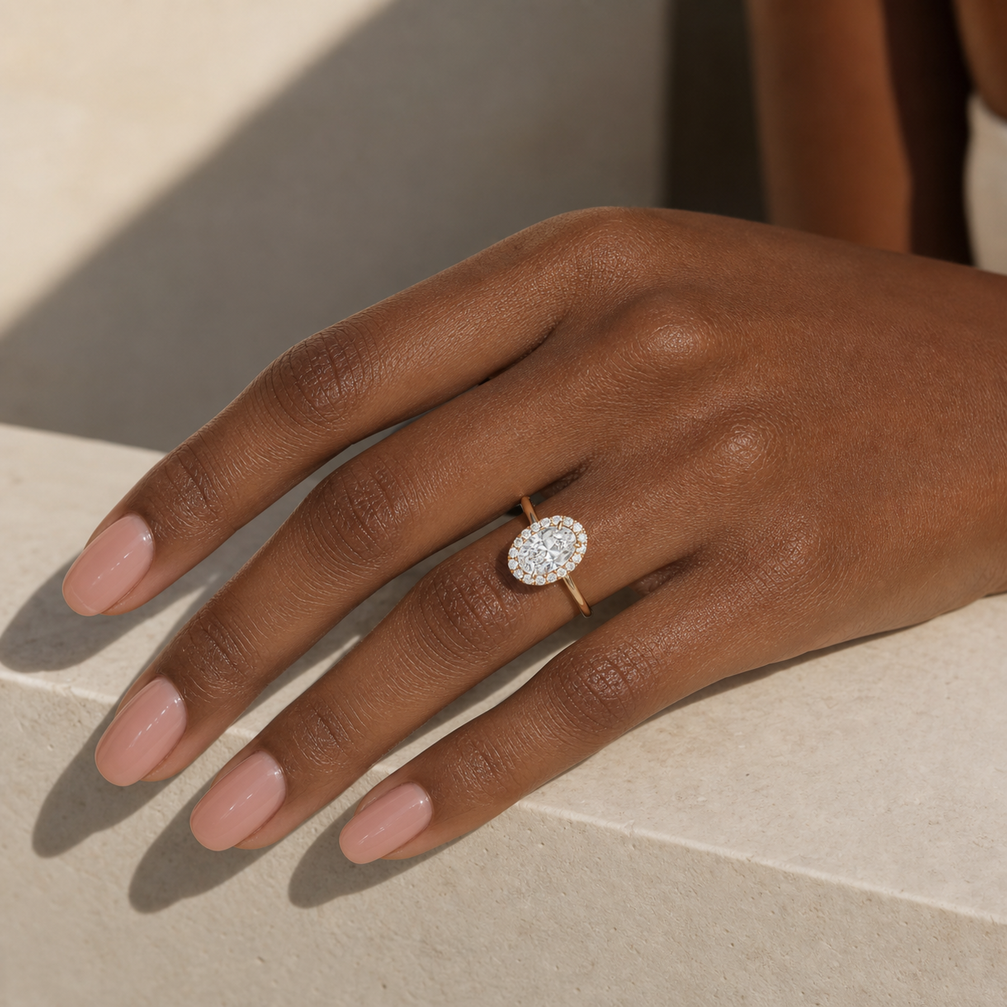 Oval Scalloped Halo Baseline in 14K Rose Gold wearing