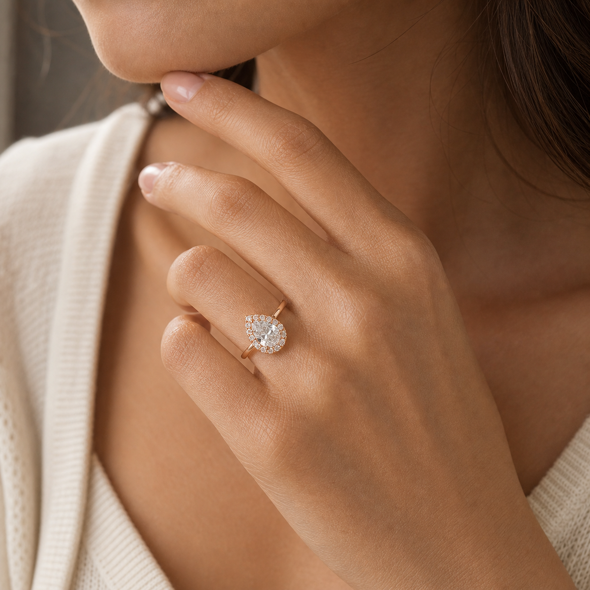Pear Scalloped Halo Baseline in 14K Yellow Gold wearing