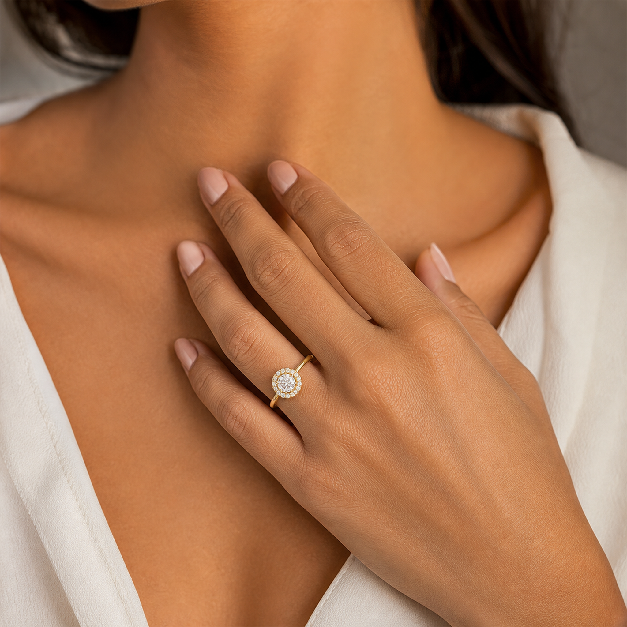 Round Scalloped Halo Baseline in 18K Yellow Gold wearing