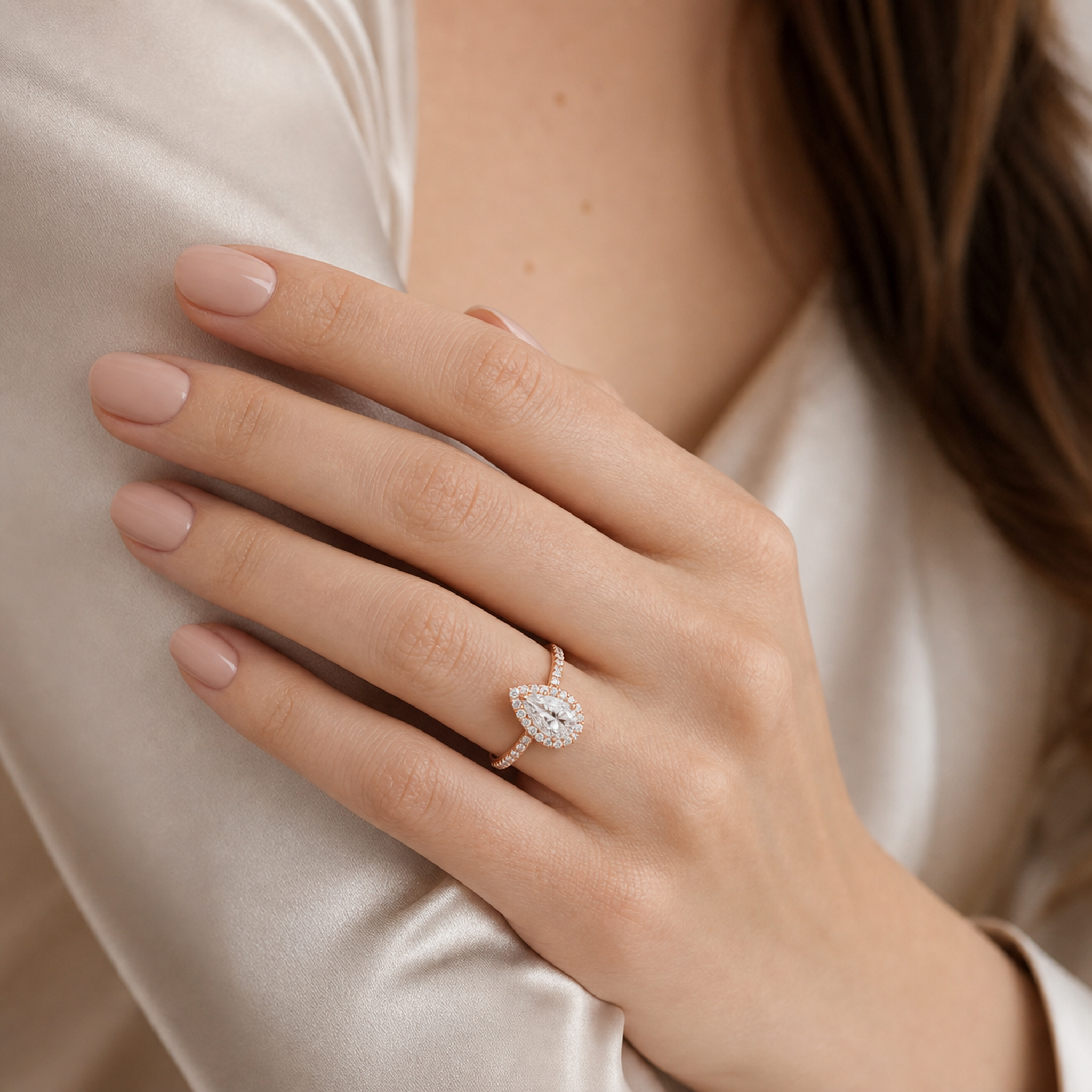Pear Scalloped Halo Pavé in 14K Rose Gold wearing