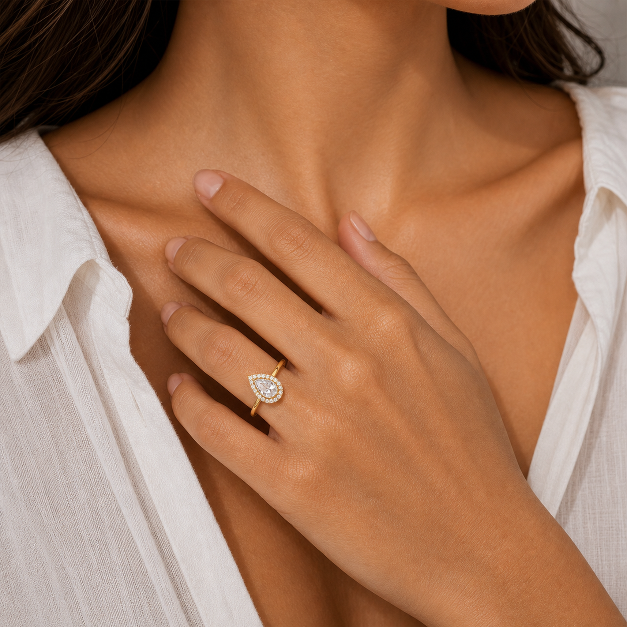 Pear Scalloped Halo Pavé in 14K Yellow Gold wearing