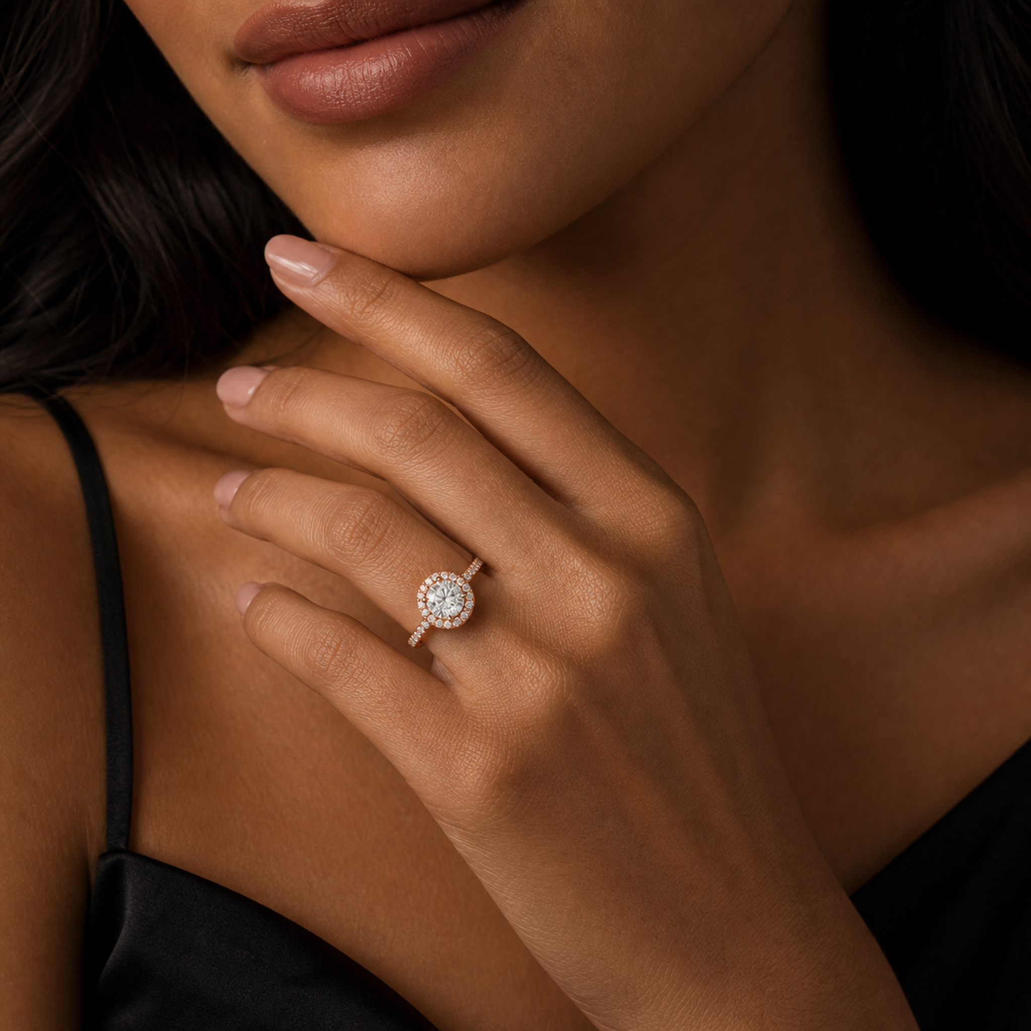 Round Scalloped Halo Pavé in 14K Rose Gold wearing