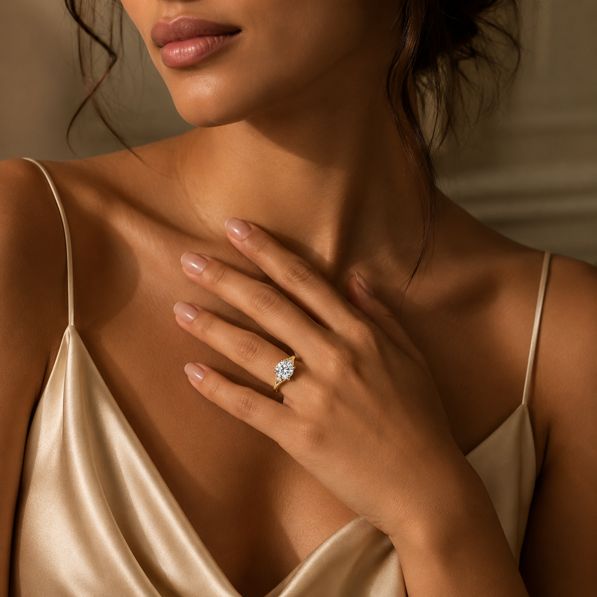 Round Milgrain Shoulder Side Stone Ring in 18K Yellow Gold wearing