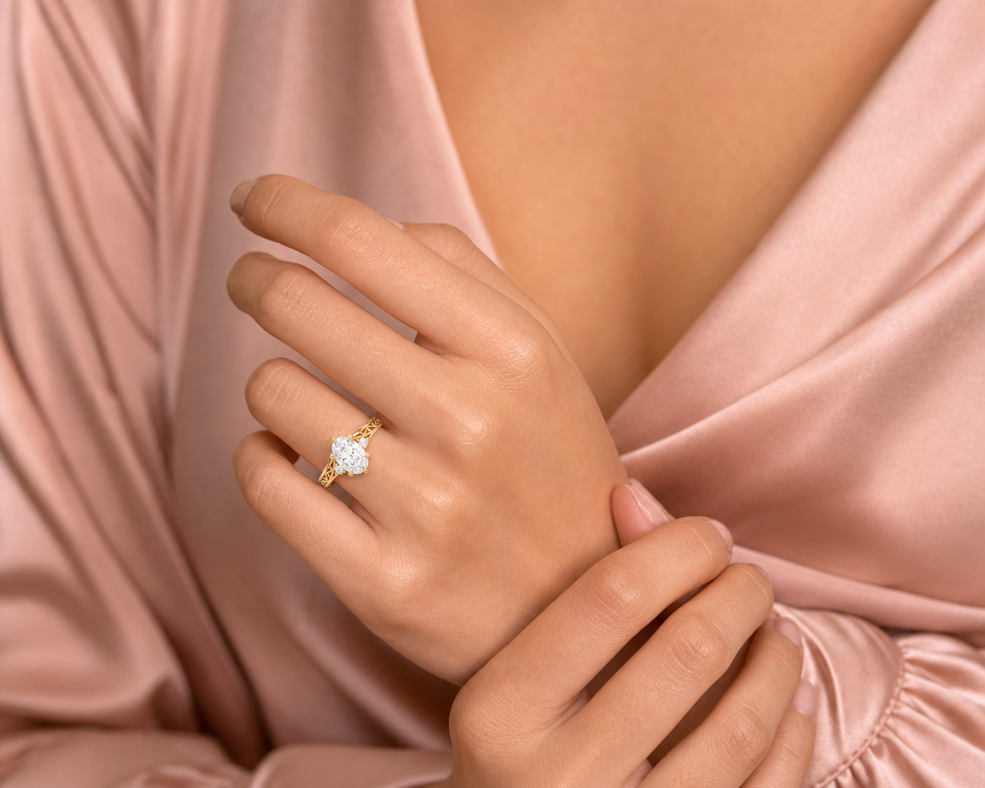 Oval Engraved Vintage Side Stone Ring in 14K Yellow Gold wearing