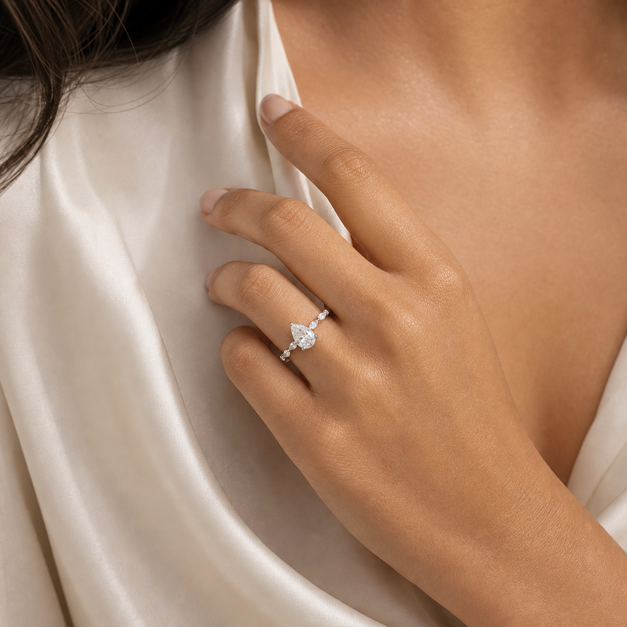 Pear Mixed-Shaped Shoulder Accent Ring in 18K White Gold wearing