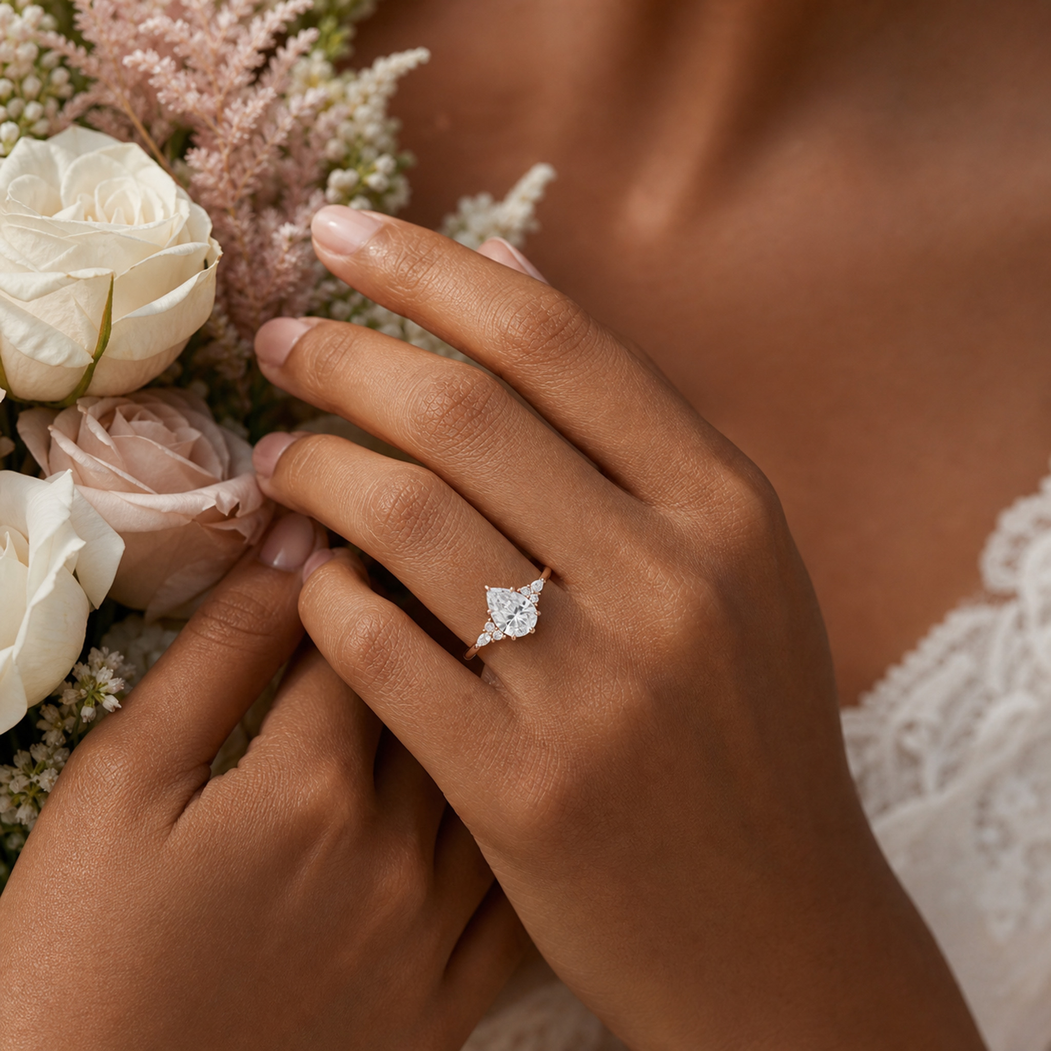 Pear Composite Floral Side Stone in 14K Rose Gold wearing