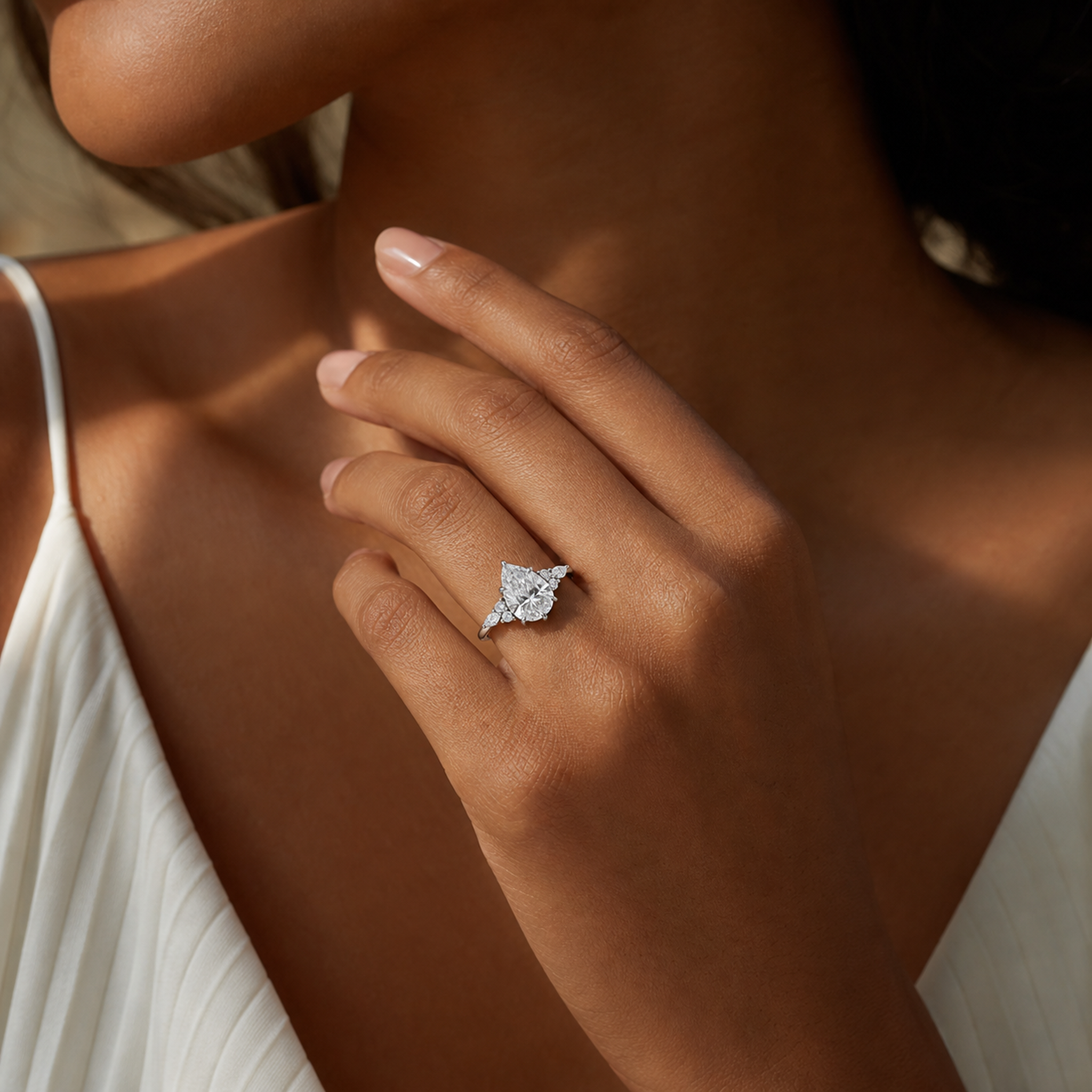 Pear Composite Floral Side Stone in 18K White Gold wearing