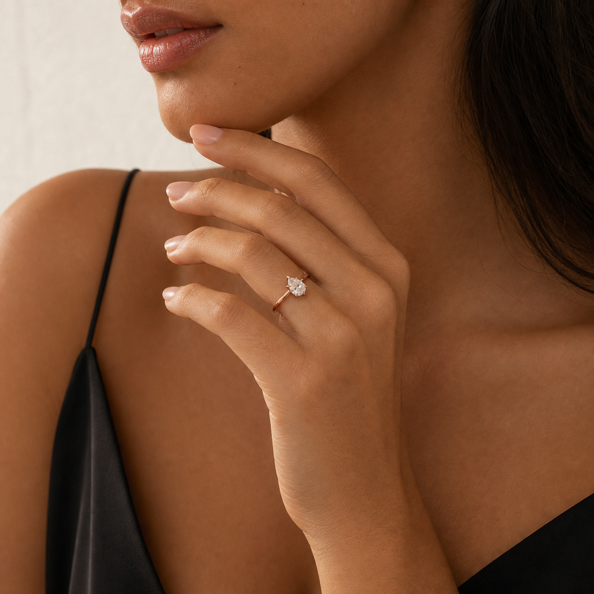 Pear Petite Classic Solitaire in 14K Rose Gold wearing