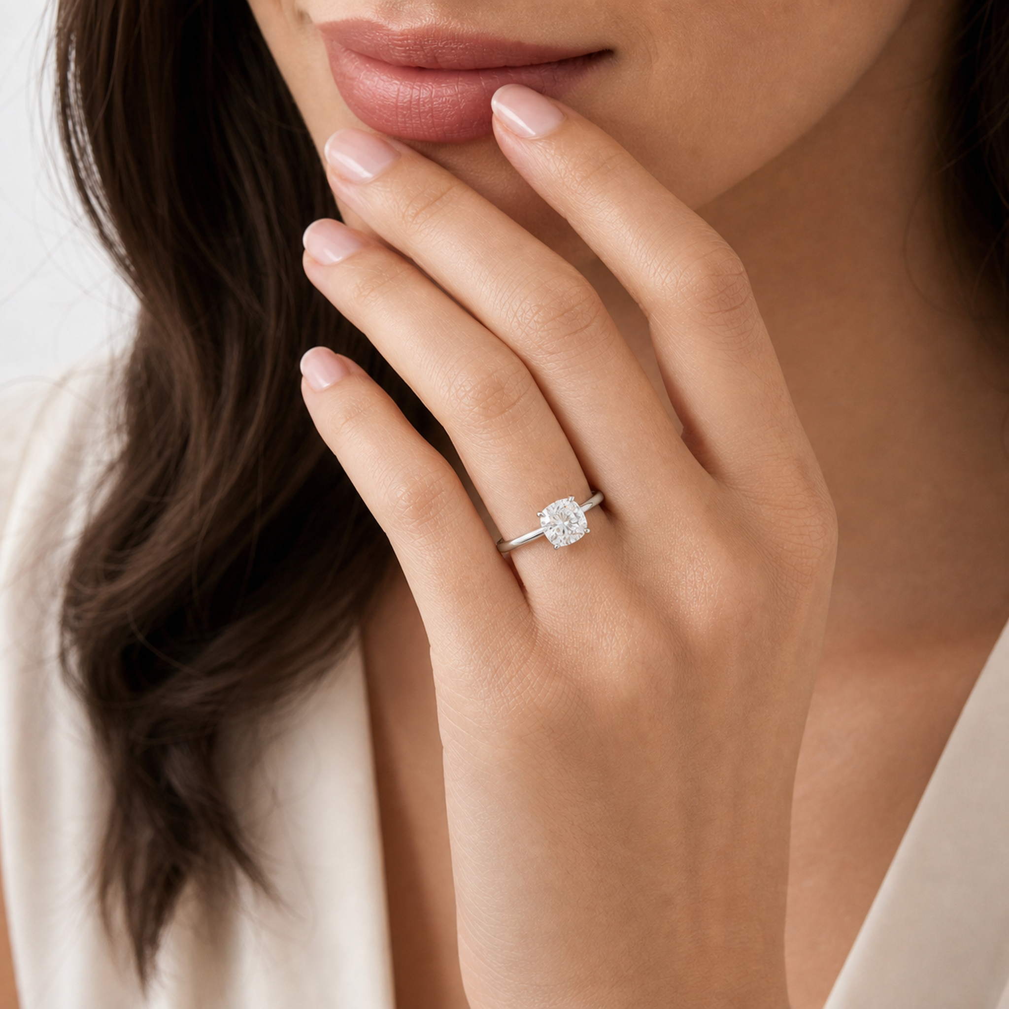 Cushion Hidden Halo Crown Clean in 14K White Gold wearing