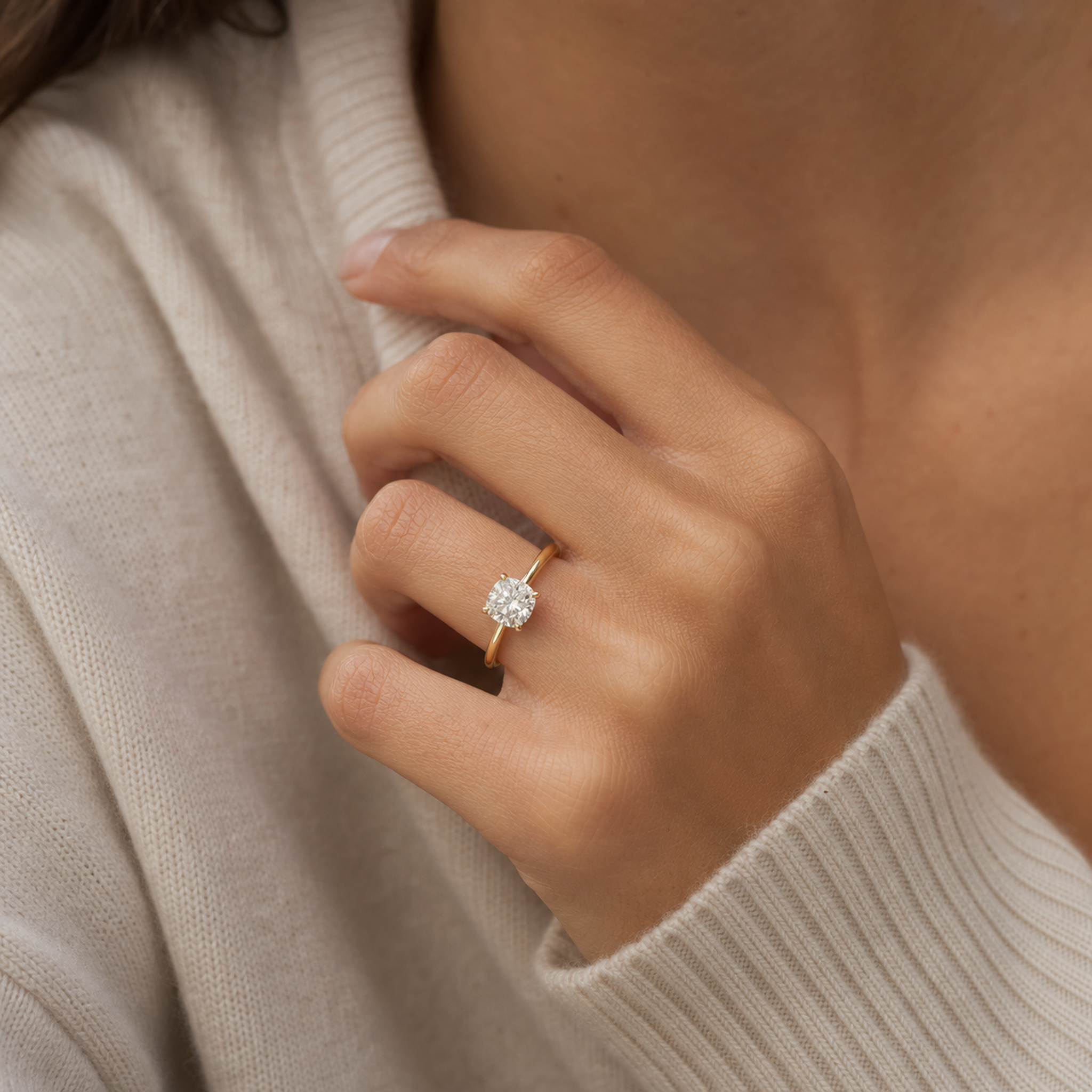 Cushion Hidden Halo Crown Clean in 14K Yellow Gold wearing
