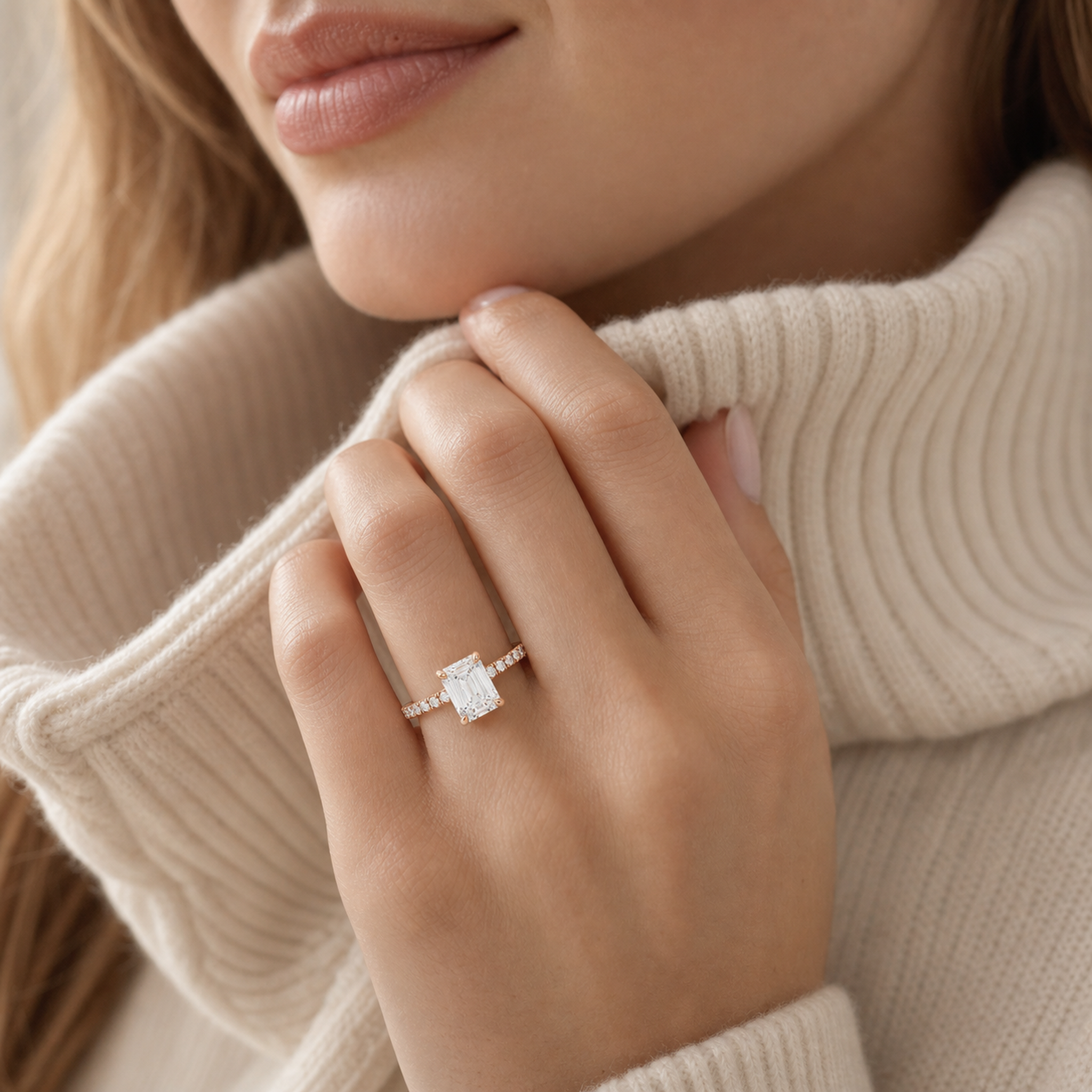 Emerald Hidden Halo Crown Petite Pavé in 14K Rose Gold wearing