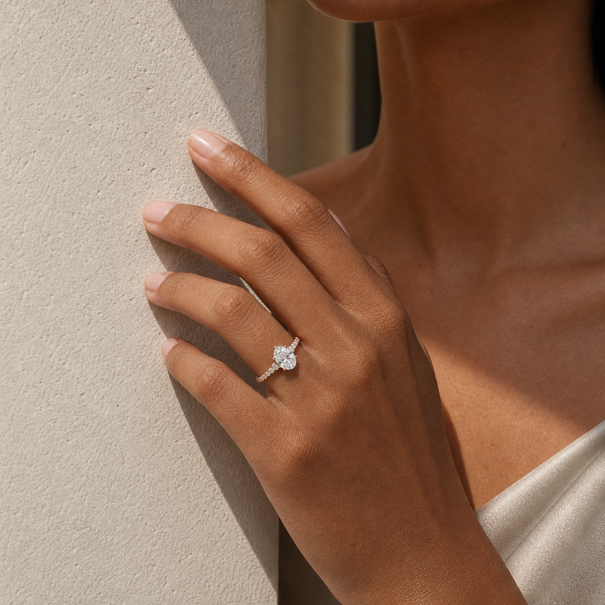 Oval Hidden Halo Crown Petite Pavé in 14K Rose Gold wearing
