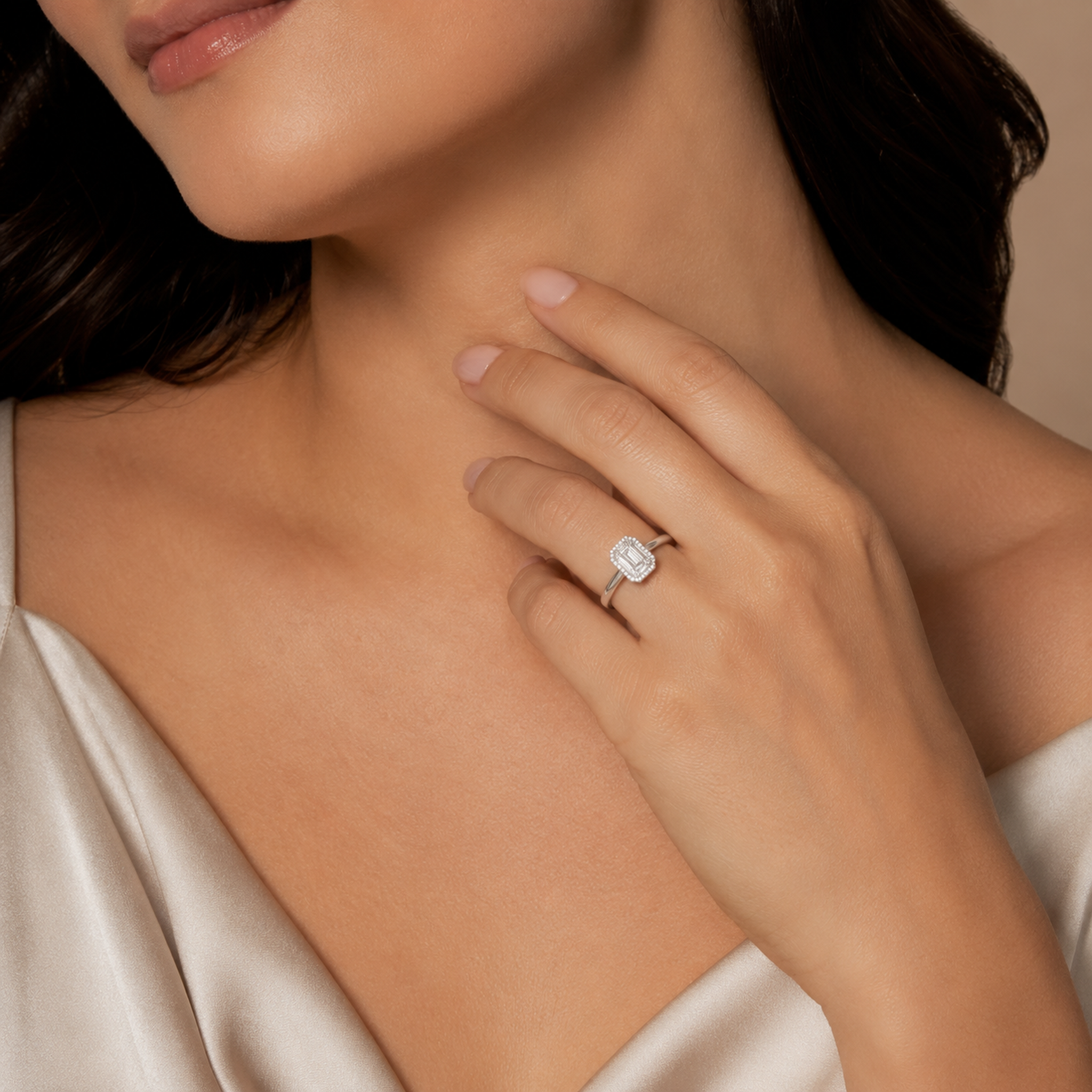 Emerald Milgrain Bezel Solitaire in 14K White Gold wearing