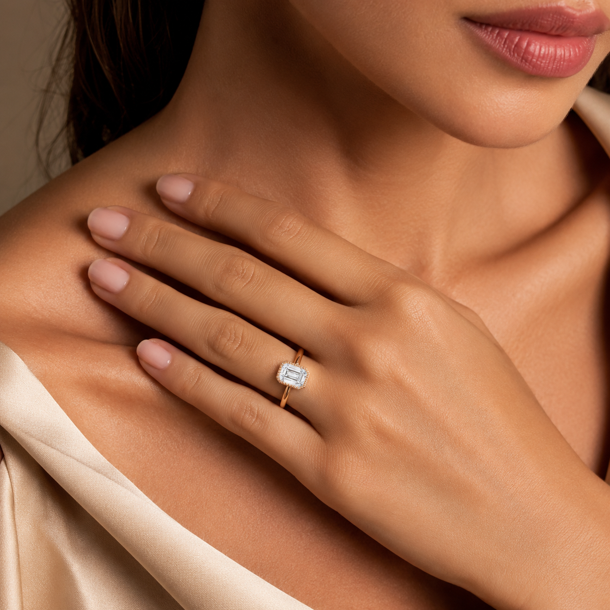 Emerald Milgrain Bezel Solitaire in 14K Yellow Gold wearing