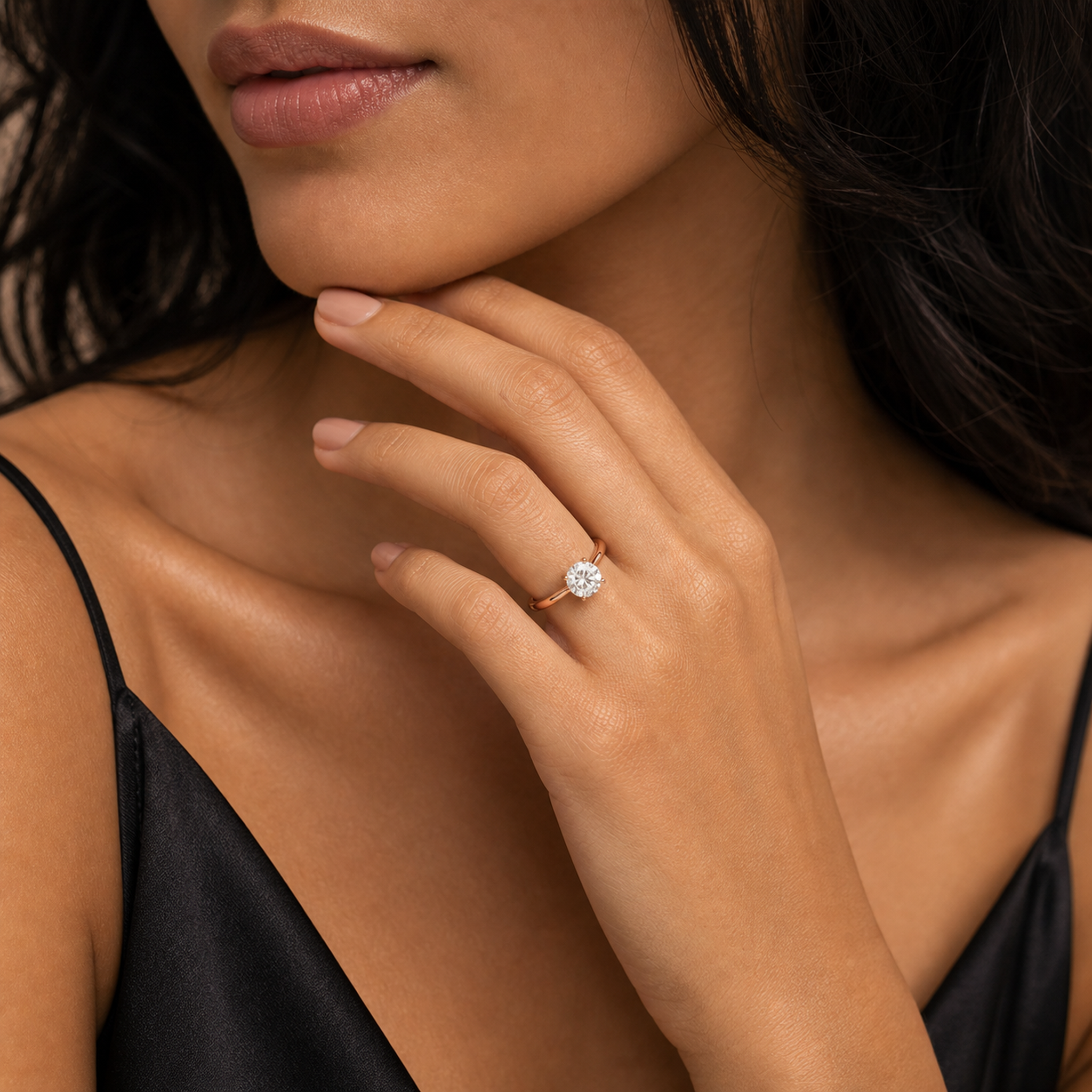 Round Classic Knife-Edge Solitaire in 14K Rose Gold wearing