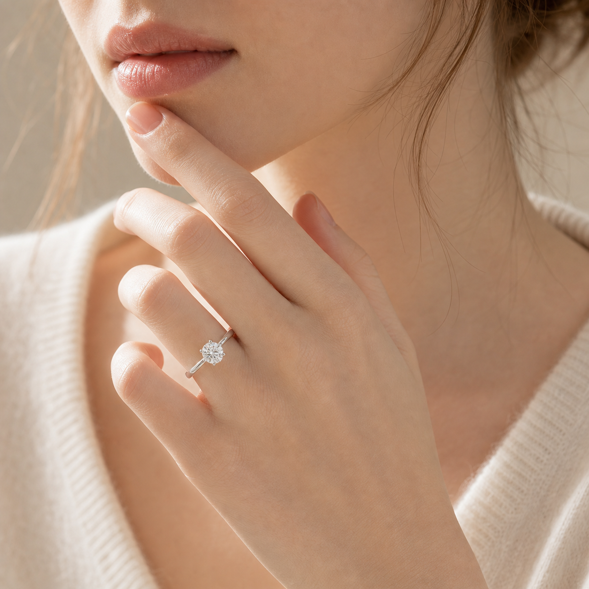 Round Classic Knife-Edge Solitaire in 18K White Gold wearing