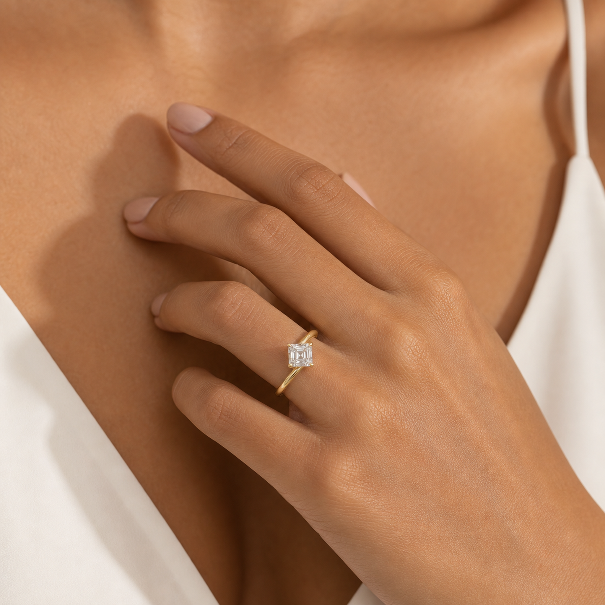 Asscher Bypass Solitaire in 14K Yellow Gold wearing