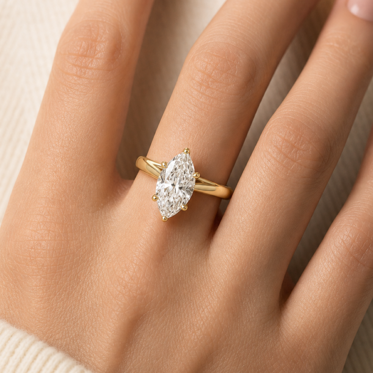 Marquise Tapered Solitaire in 14K Rose Gold wearing