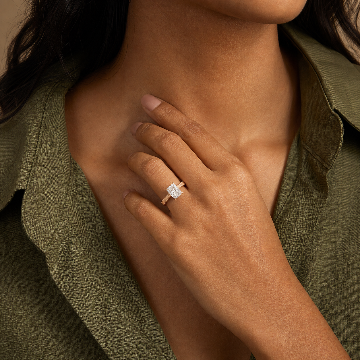 Radiant Milgrain Edge Solitaire in 14K Yellow Gold wearing