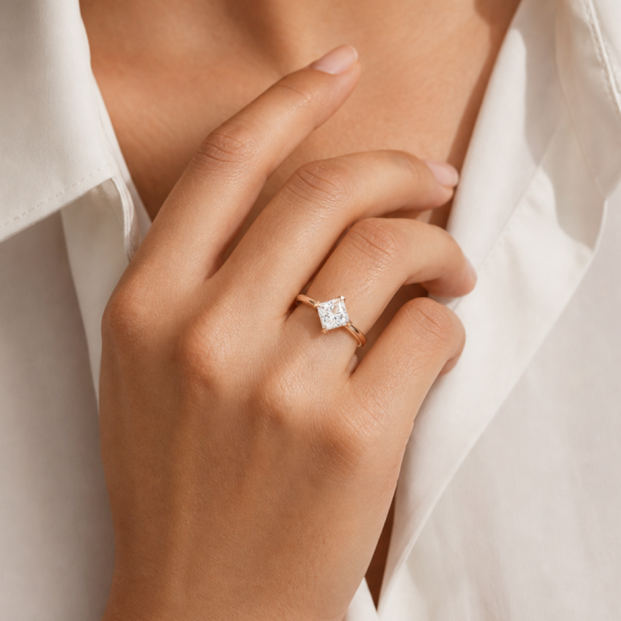 Princess Petal Head Solitaire in 18K Yellow Gold wearing