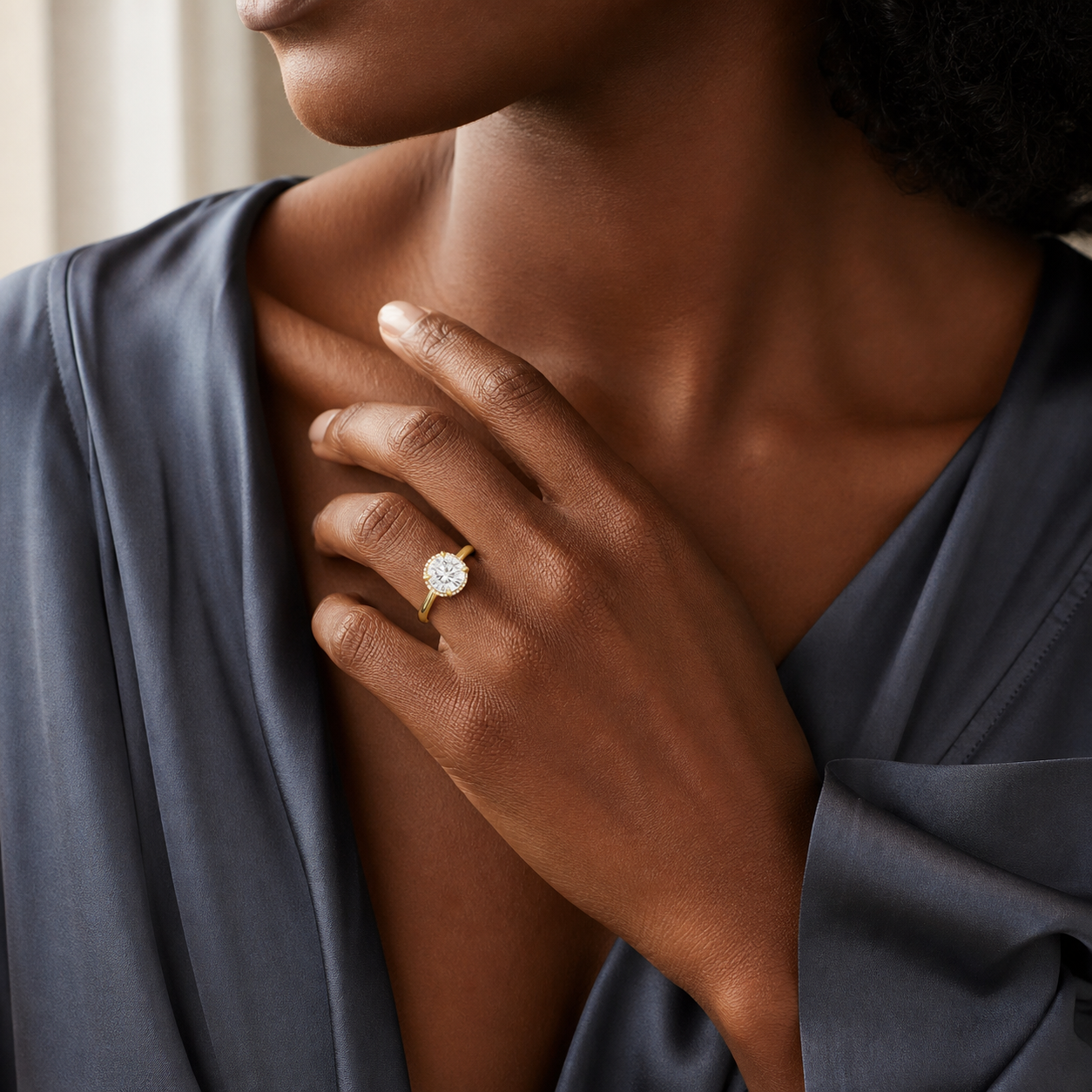 Round Double Hidden Halo Plain in 18K Yellow Gold wearing