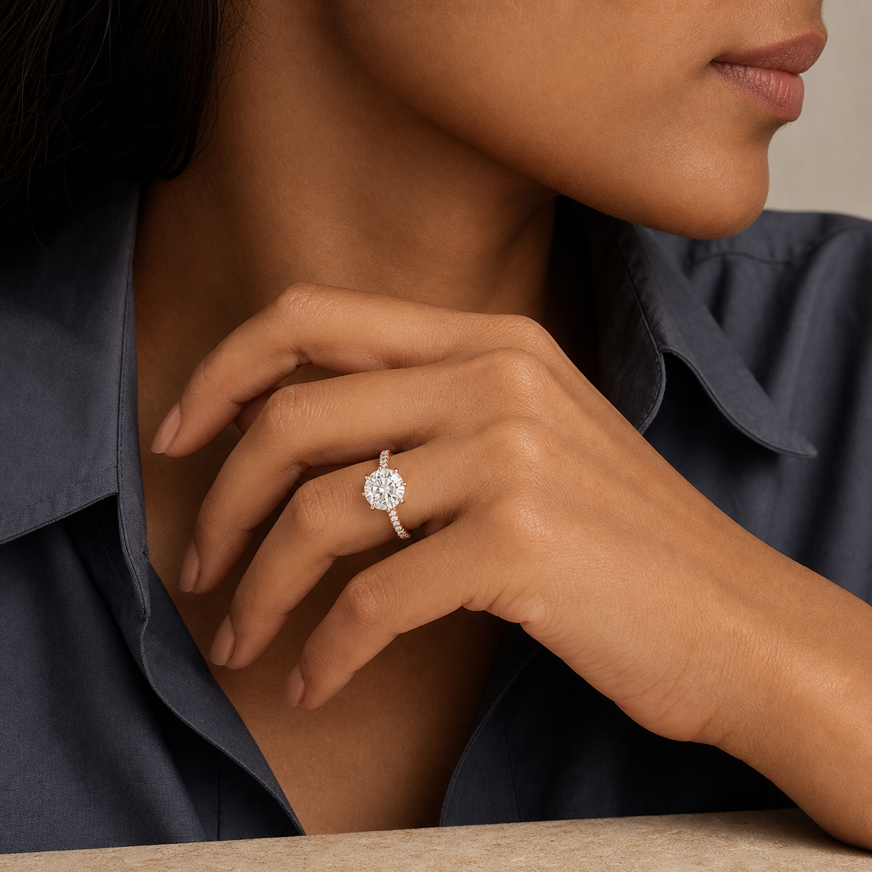 Round Hidden Halo Accent Six-Prong Pavé in 14K Rose Gold wearing